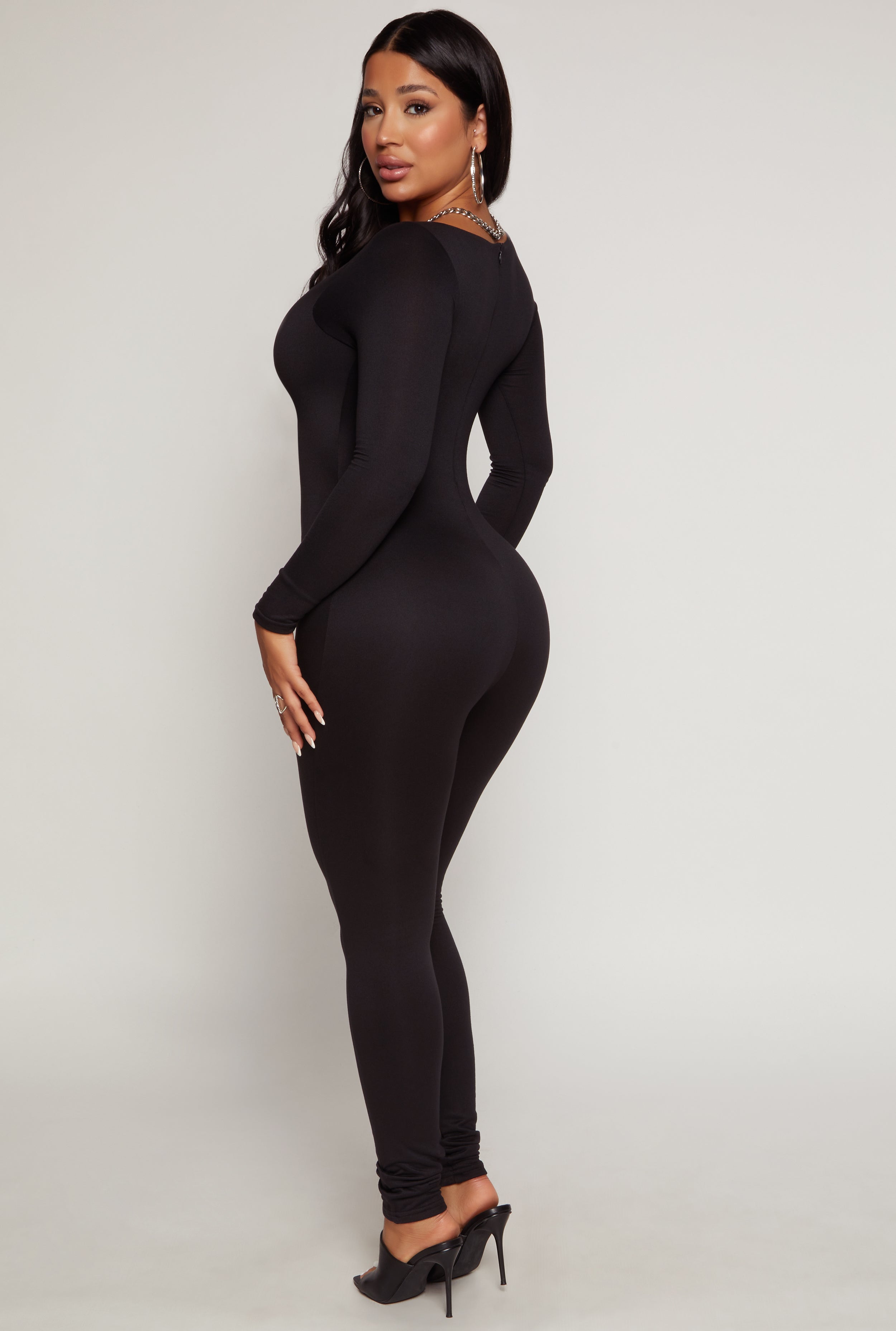 Womens Double Layered Scoop Neck Long Sleeve Jumpsuit, Black, Size XL