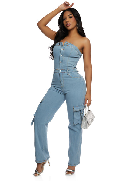 Strapless Pocketed Denim Sleeveless Jumpsuit