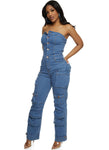 Strapless Sleeveless Denim Pocketed Jumpsuit