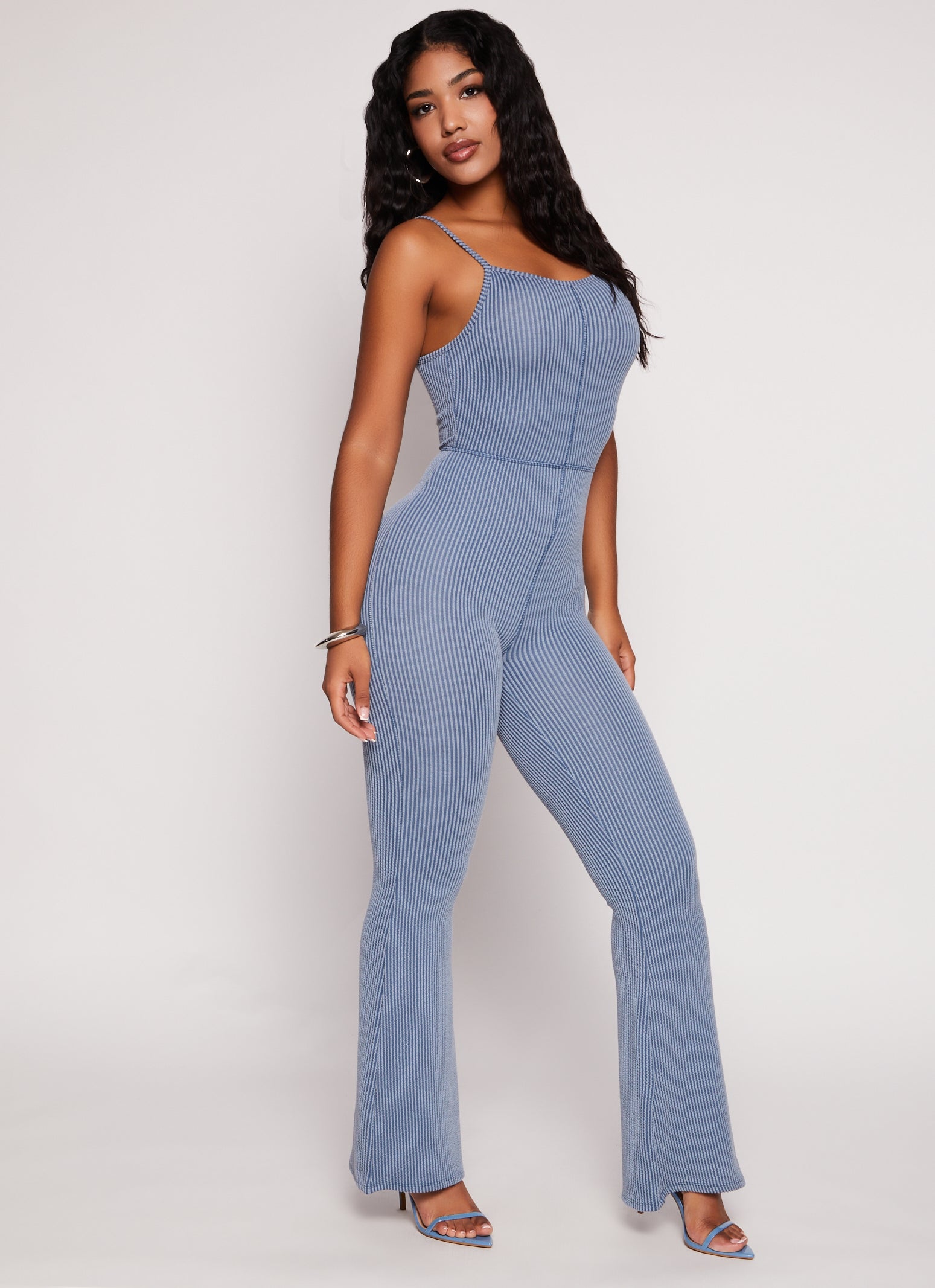 Womens Almost Famous Ribbed Cami Flare Jumpsuit, Blue, Size S