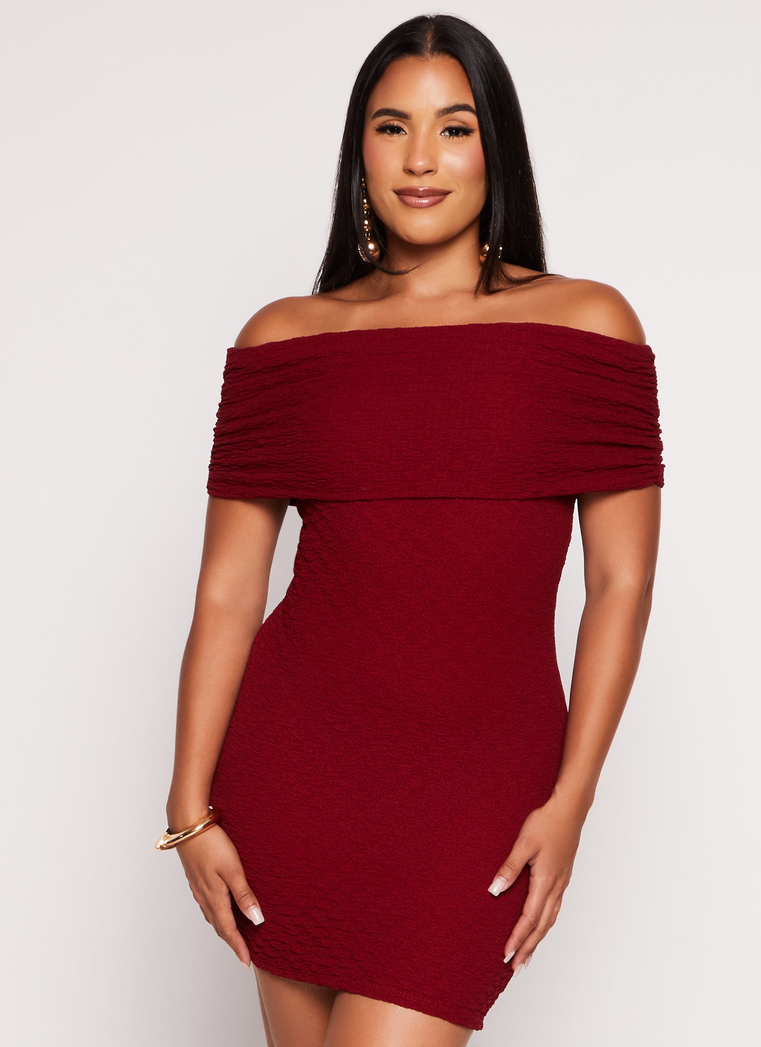 Womens Textured Knit Off the Shoulder Mini Dress, Burgundy, Size XL