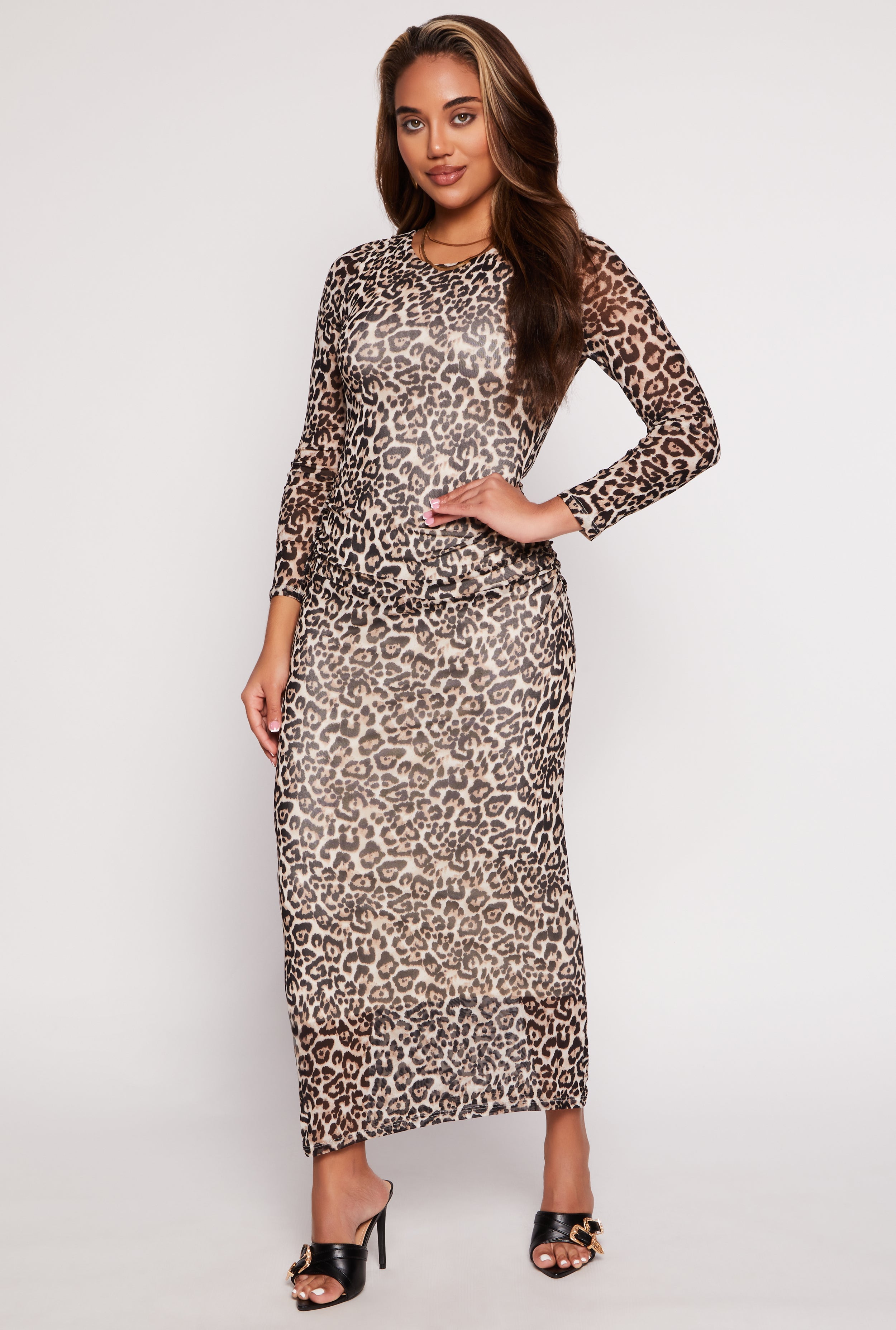 Womens Almost Famous Mesh Printed Long Sleeve Maxi Dress,