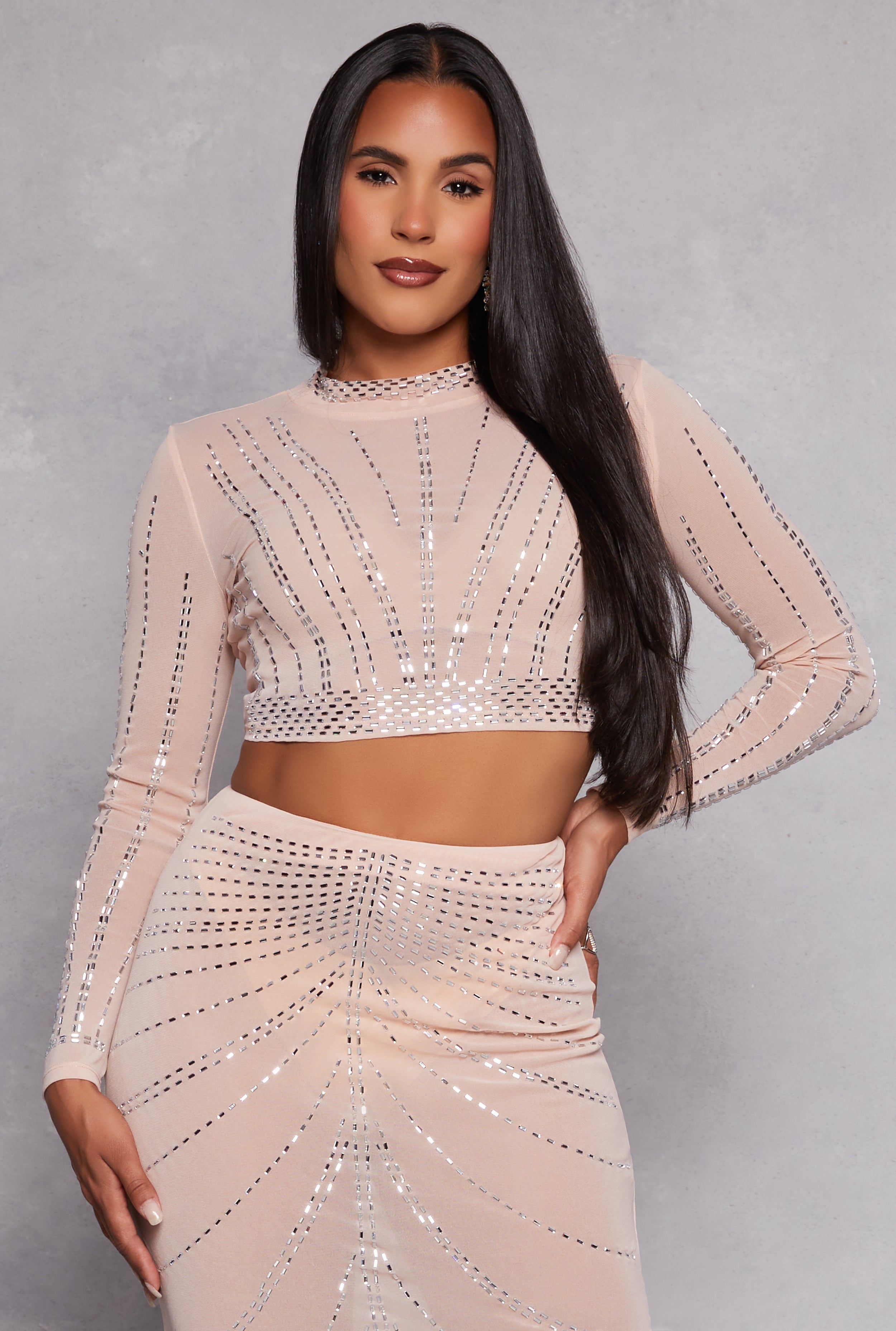 Womens Mesh Embellished Long Sleeve Crop Top, Beige, Size XL