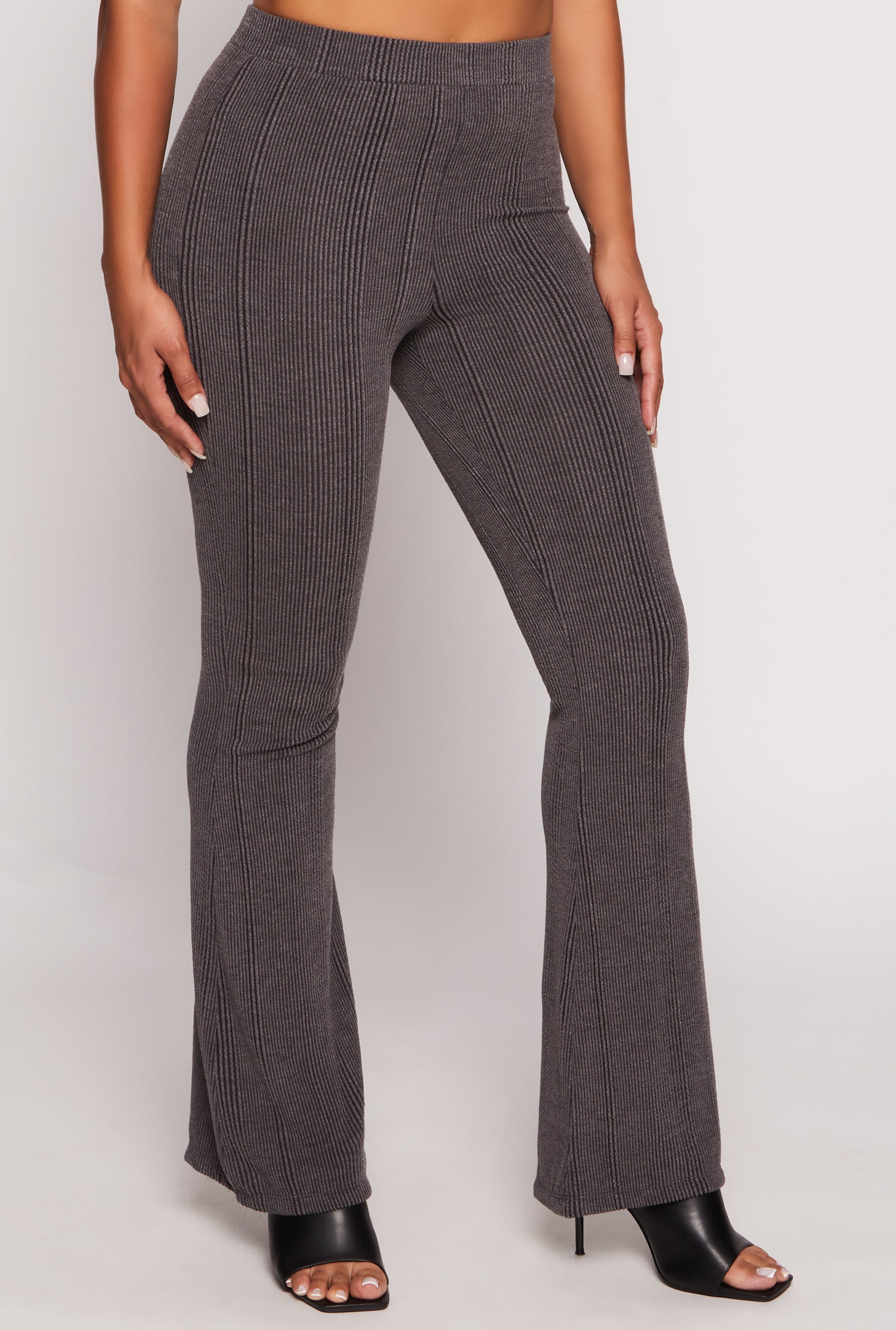 Womens Ribbed Knit High Waisted Flare Pants, Grey,