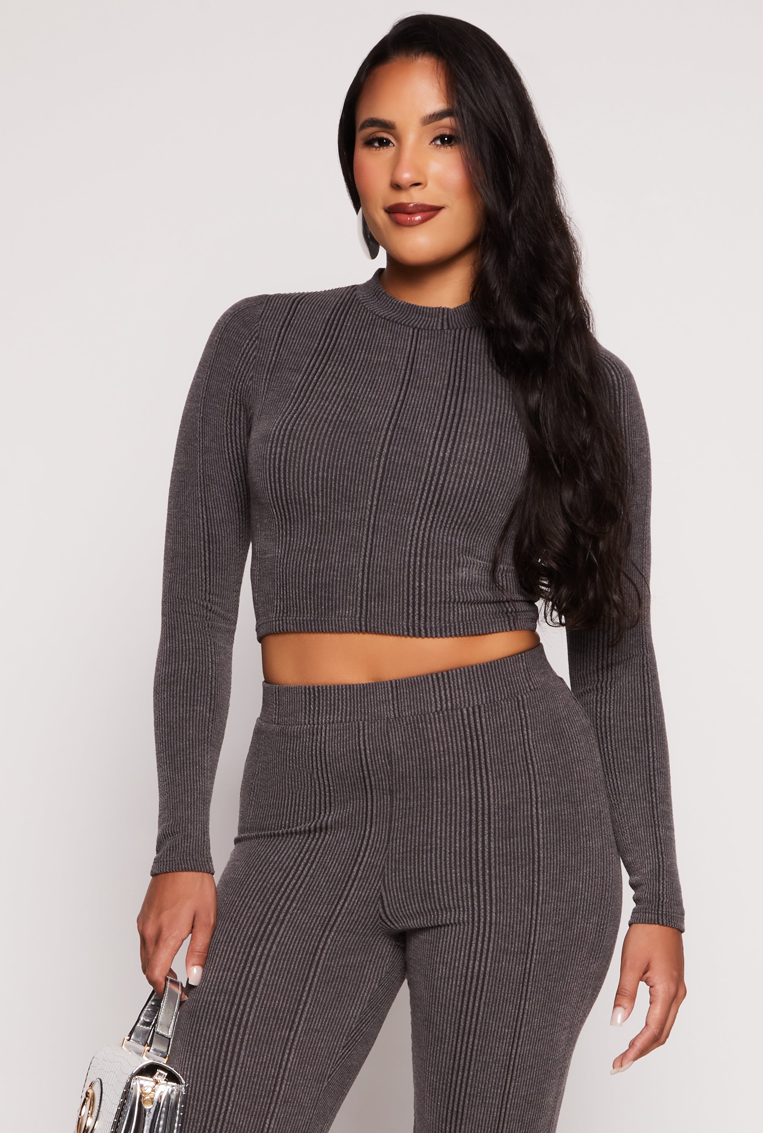 Womens Ribbed Knit Long Sleeve Crop Top, Grey, Size L