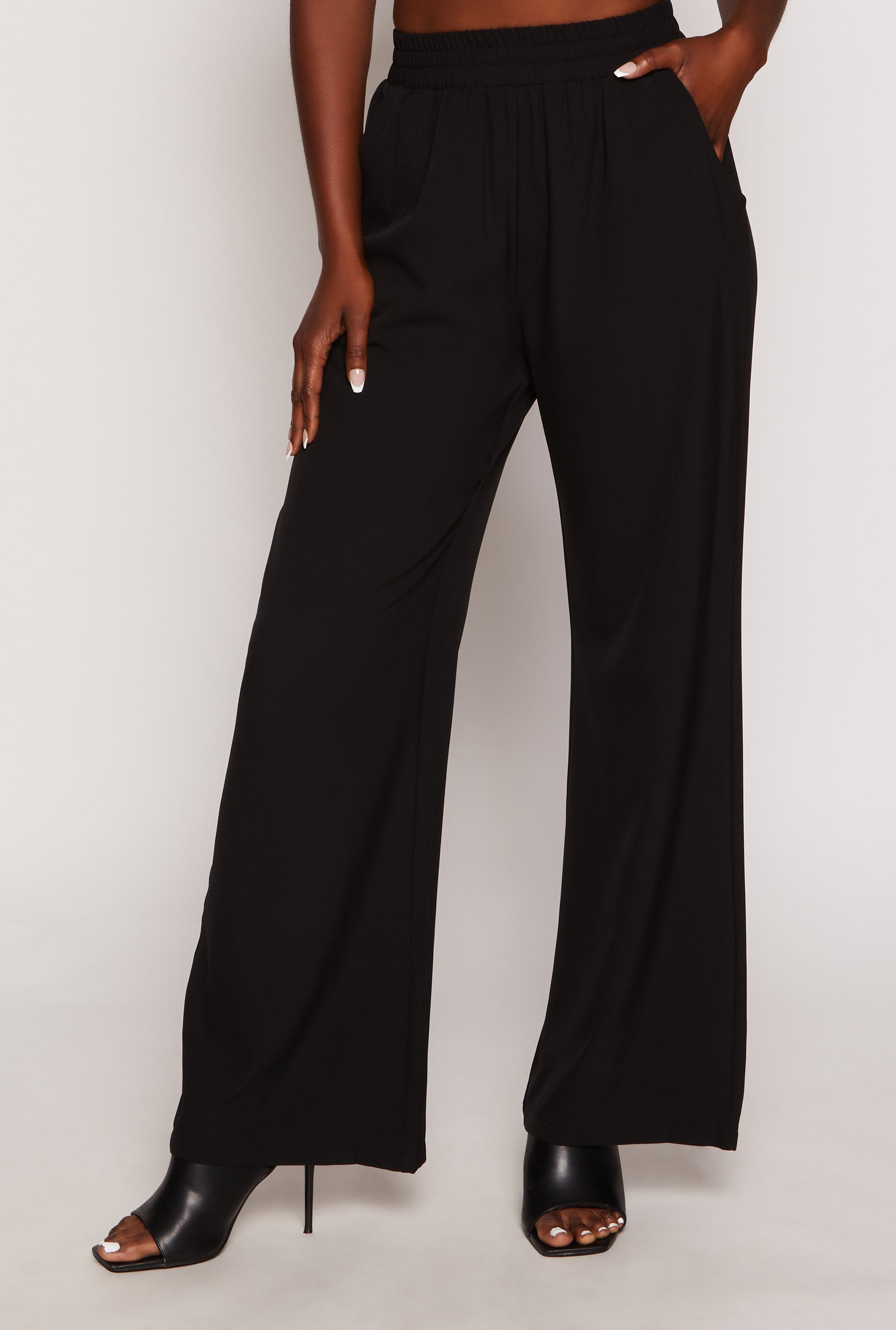 Womens Solid Crepe Knit High Waist Wide Leg Pants, Black, Size M