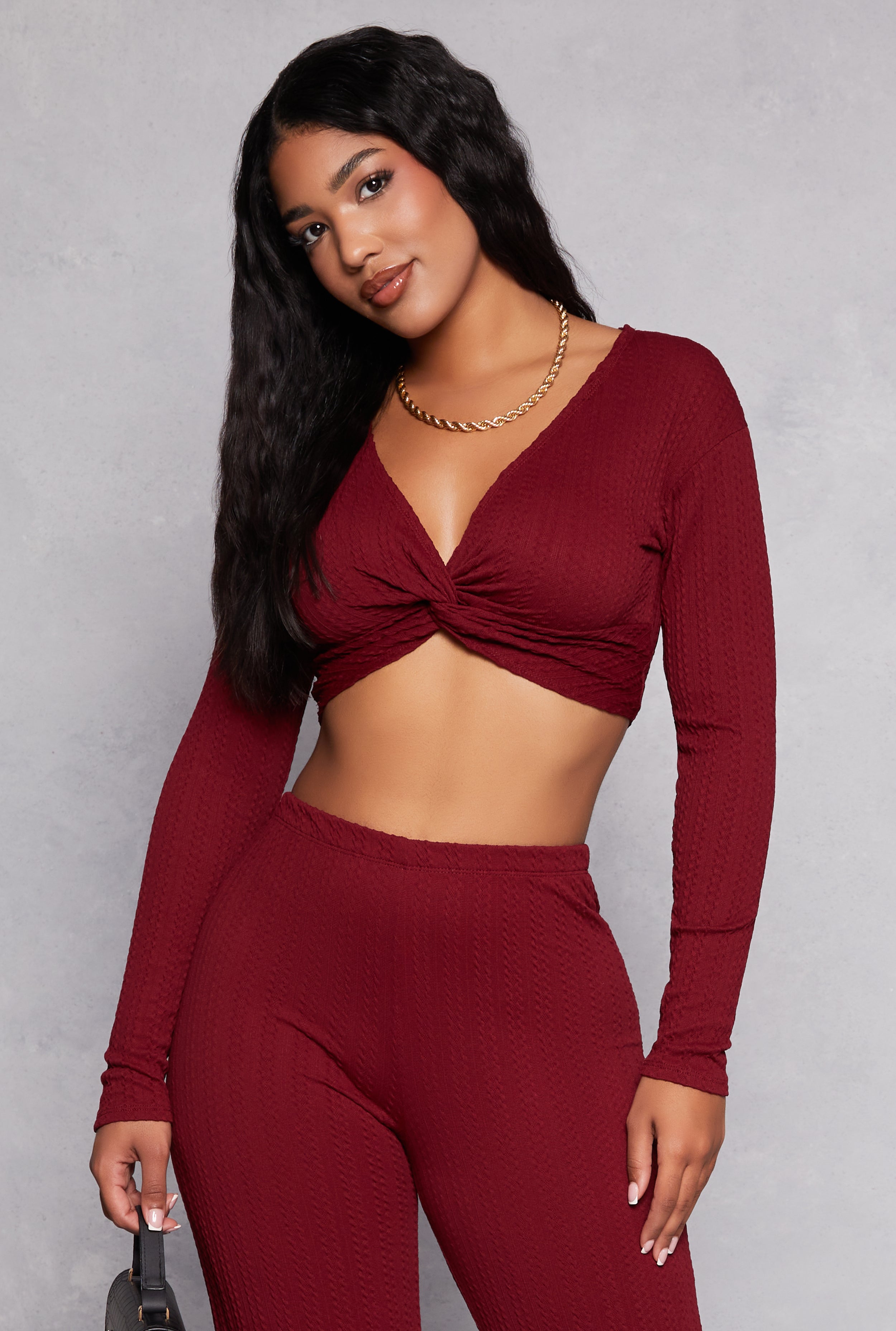 Womens Textured Knit Twist Front Crop Top,