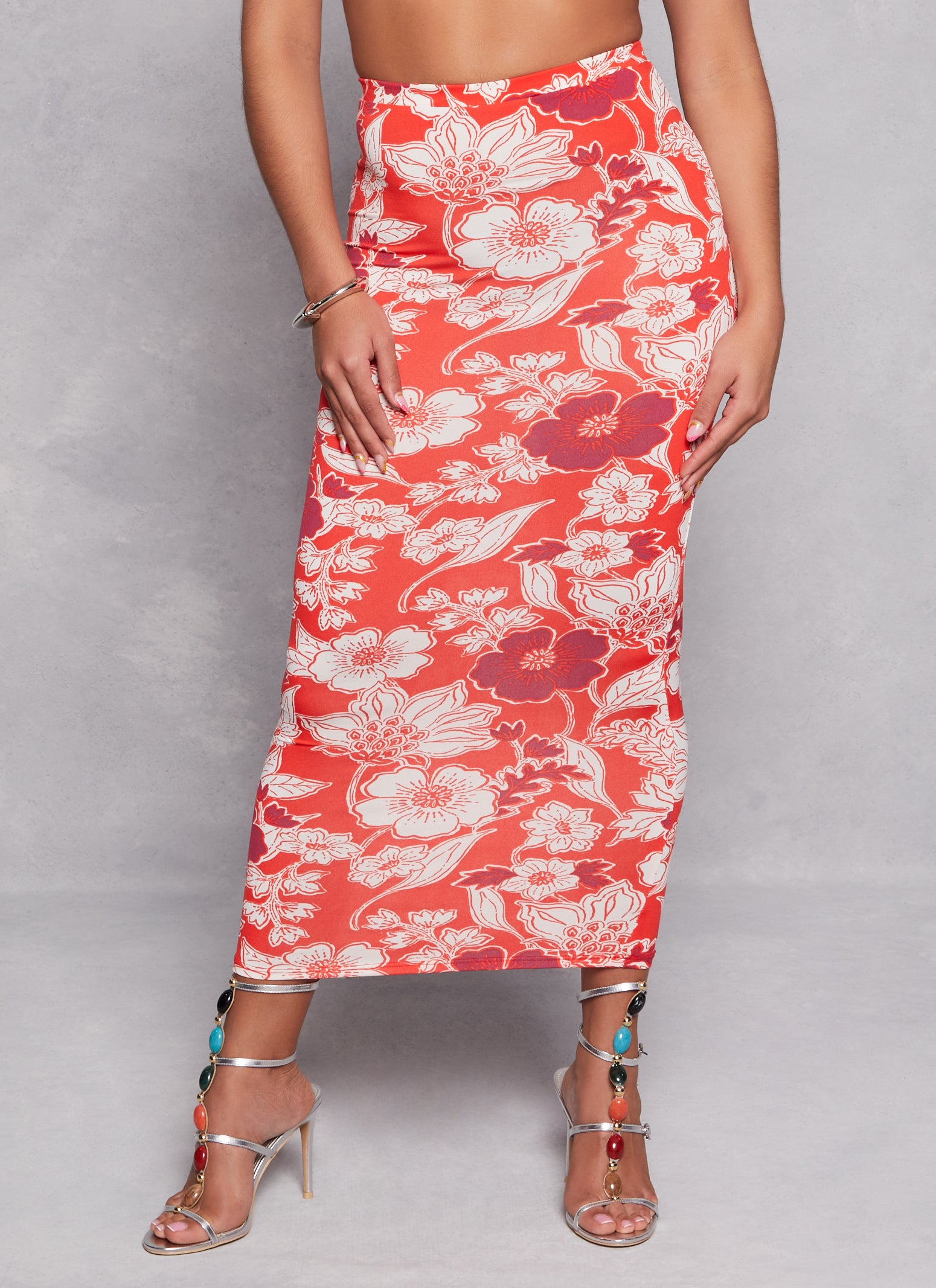 Womens Floral Print High Waist Maxi Pencil Skirt, Red, Size M