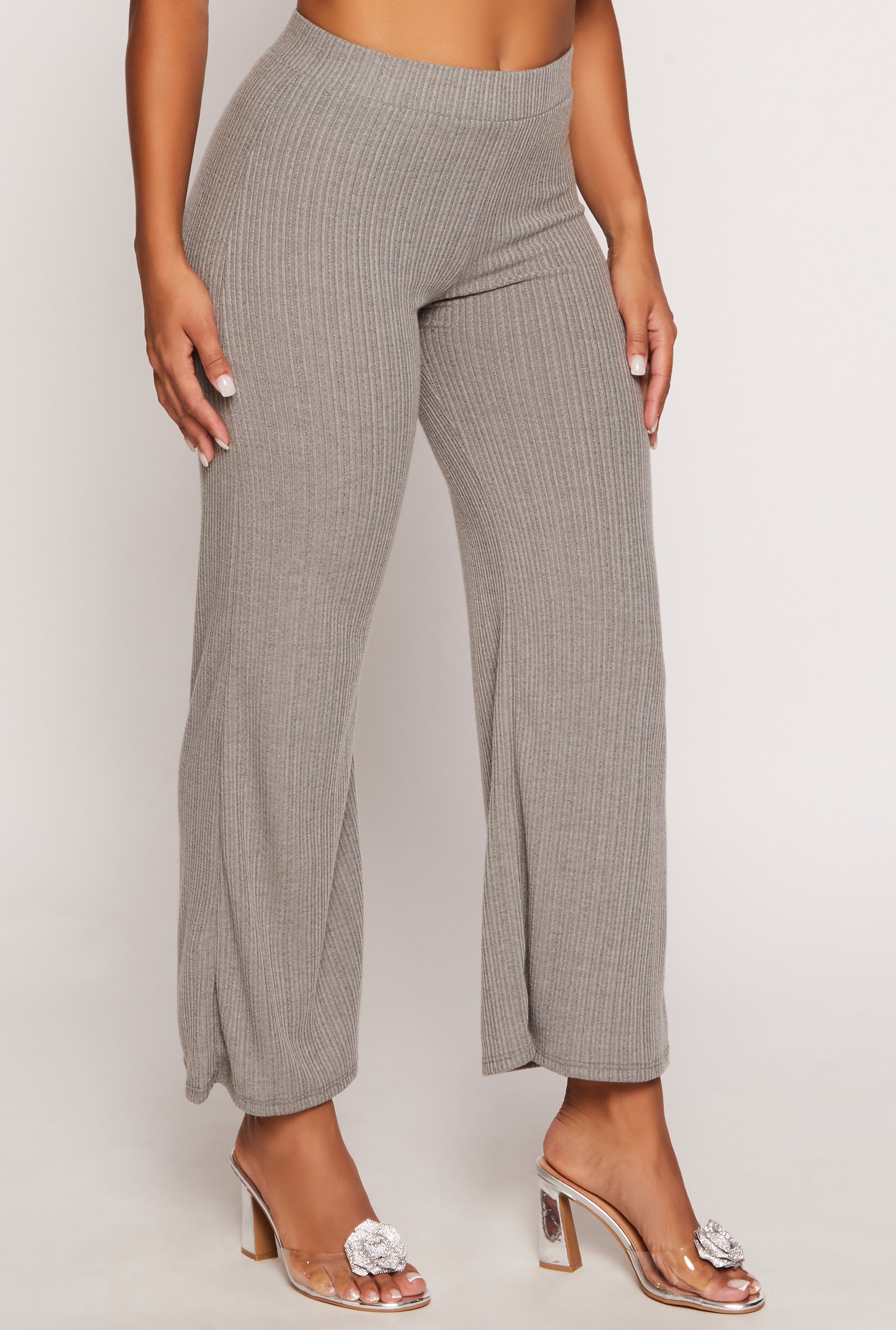 Womens Ribbed Knit Wide Leg High Waist Pants