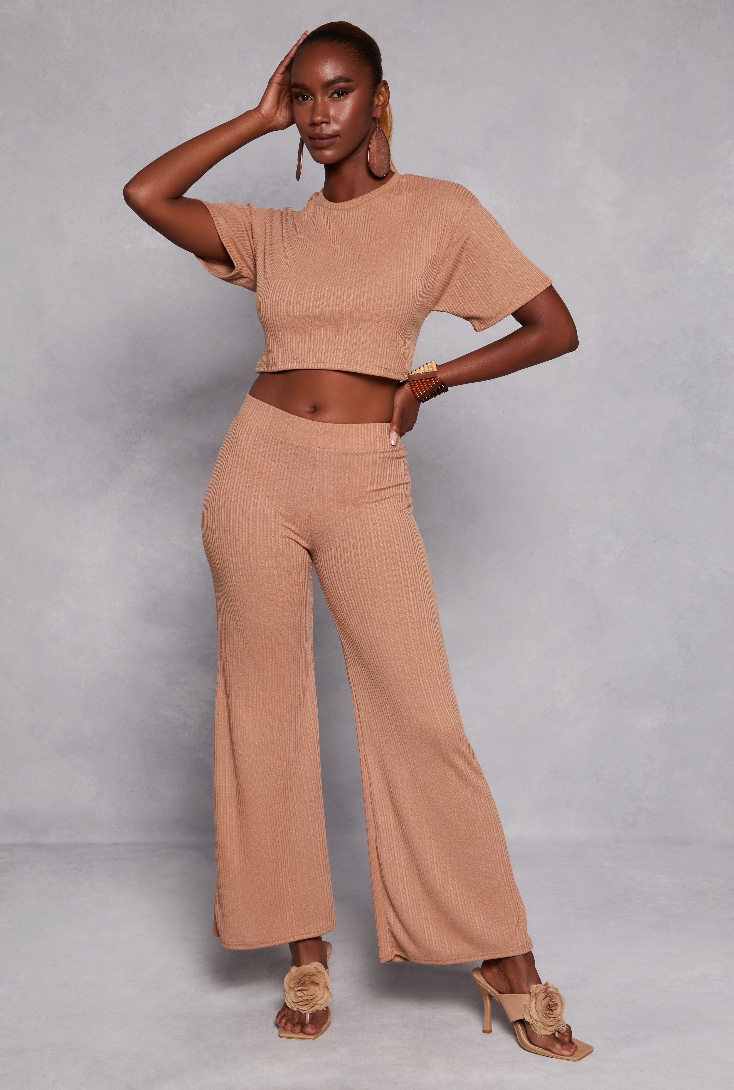 Womens Ribbed Knit High Waist Wide Leg Pants,