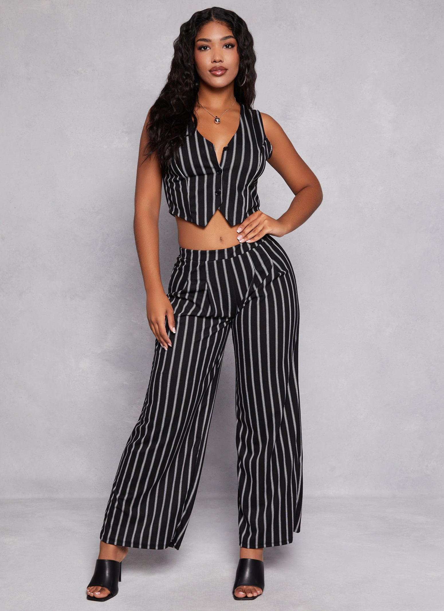 Womens Striped Wide Leg Dress Pants, Black,