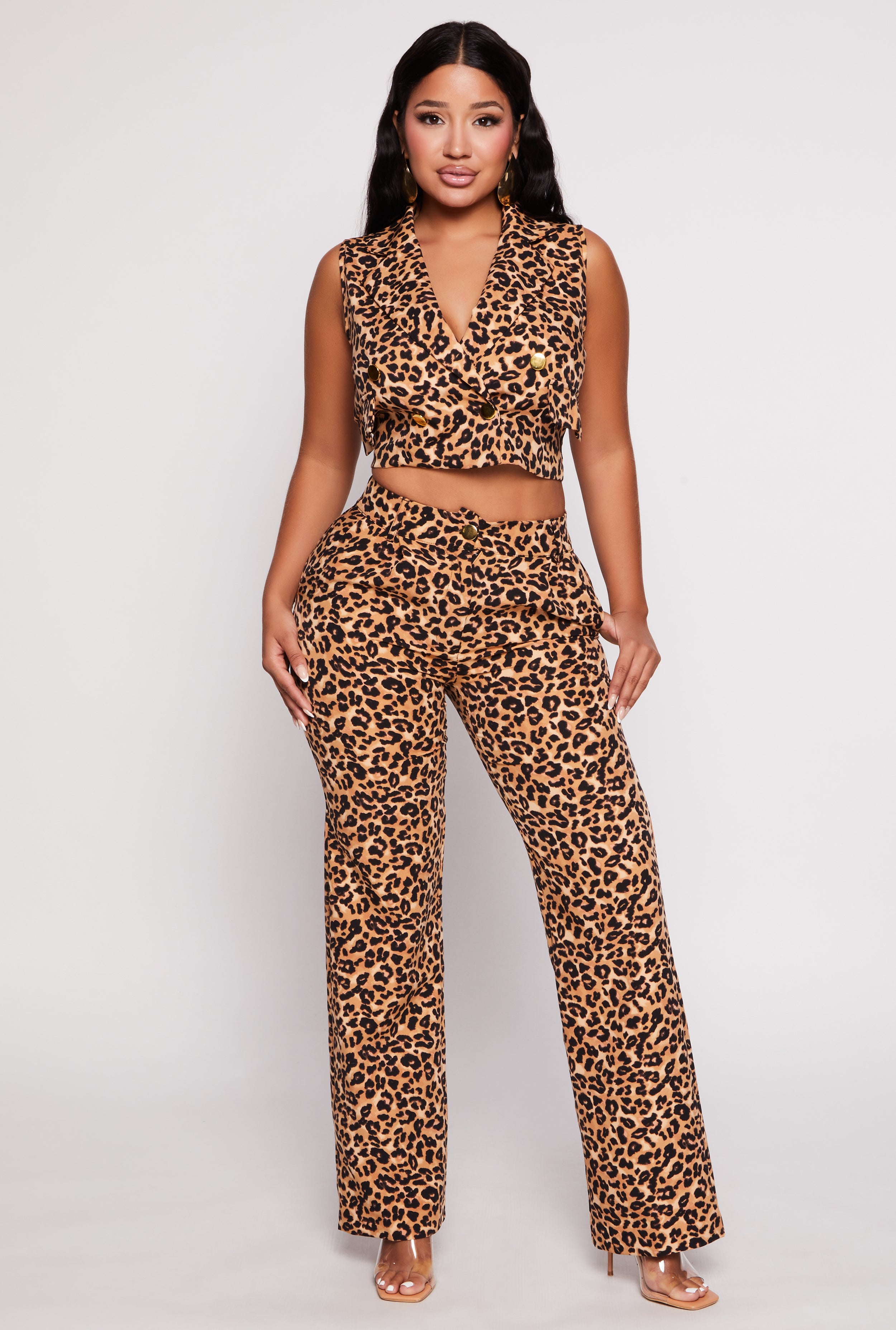 Womens Animal Print High Waisted Wide Leg Pants, Brown, Size M