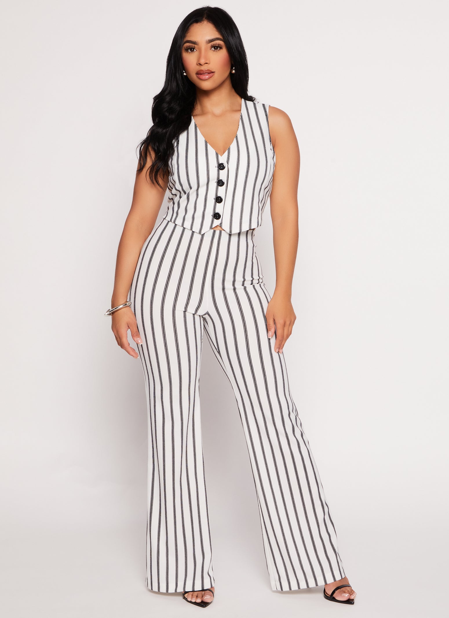 Womens Pinstripe High Waist Wide Leg Pants, White, Size S