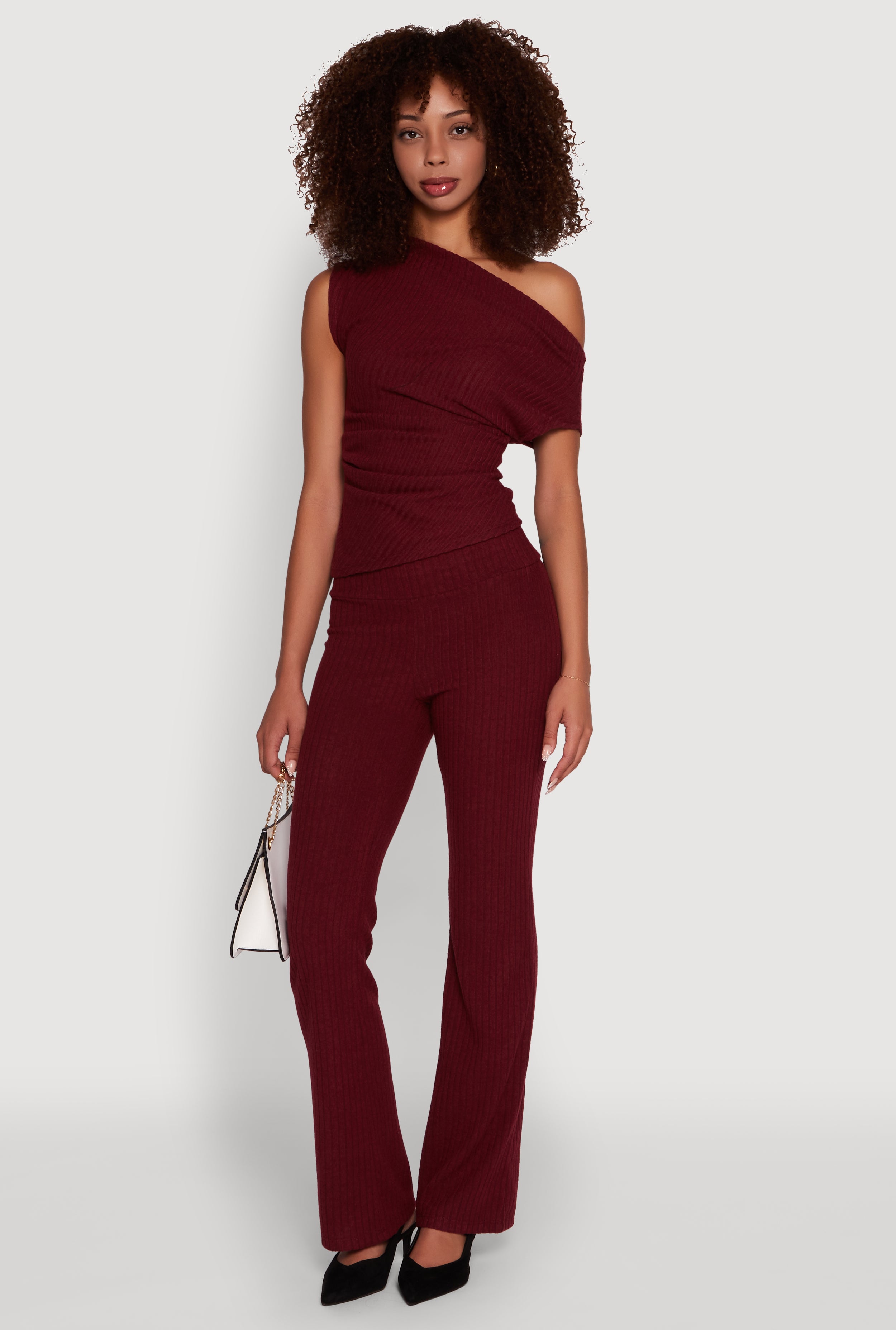 Womens Ribbed Knit Solid One Shoulder Blouse,