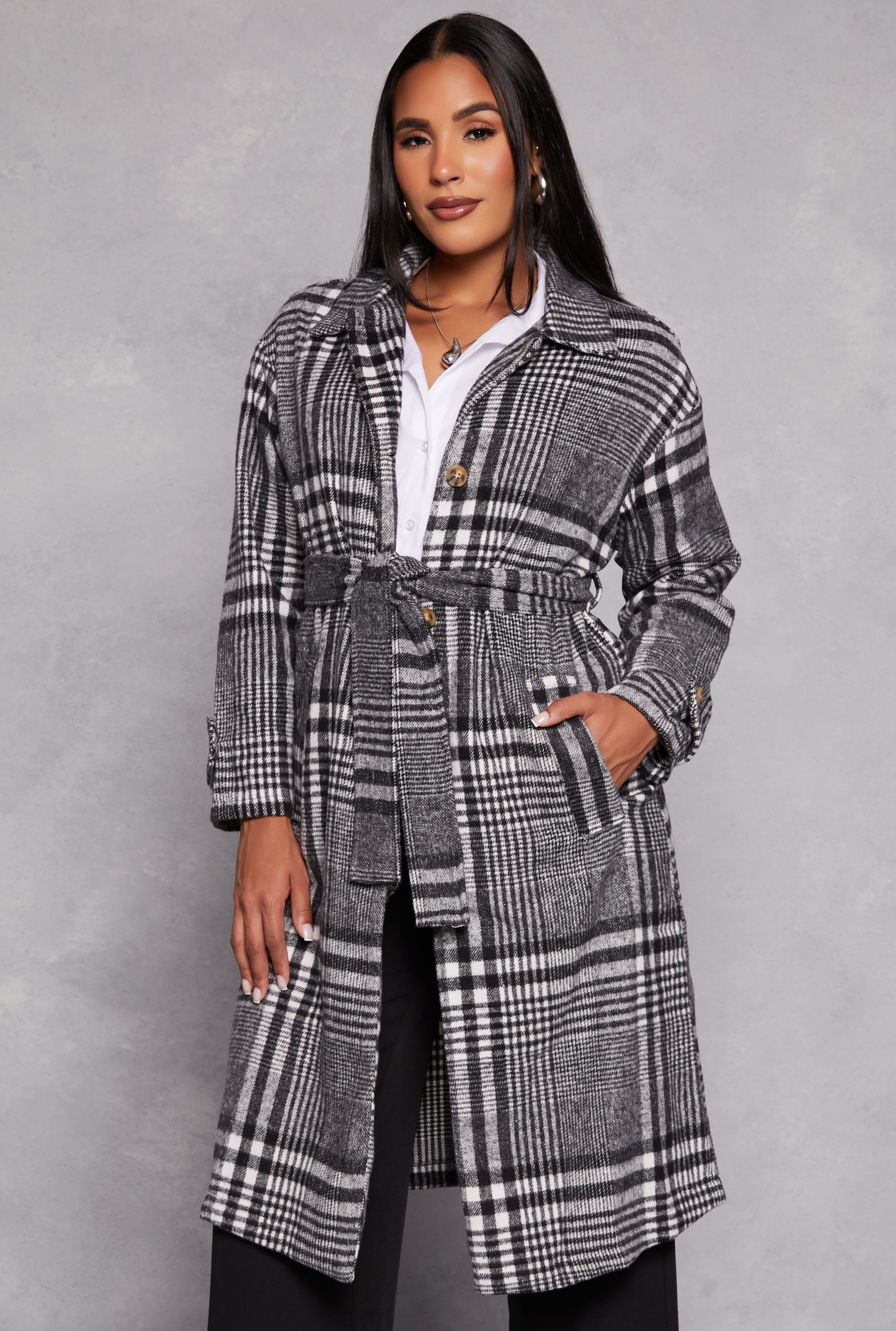 Womens Spoon Jeans Plaid Tie Waist Wrap Coat, Grey, Size M