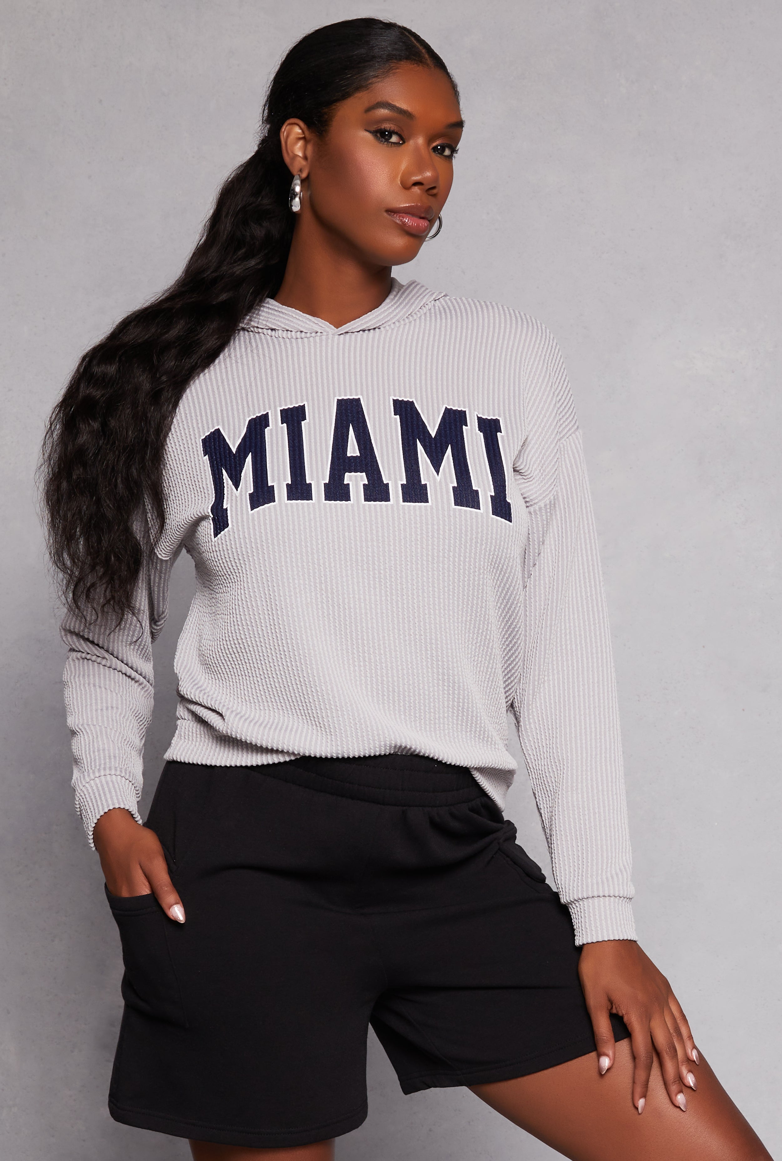 Womens Ribbed Miami Graphic Pullover Hoodie, Grey,