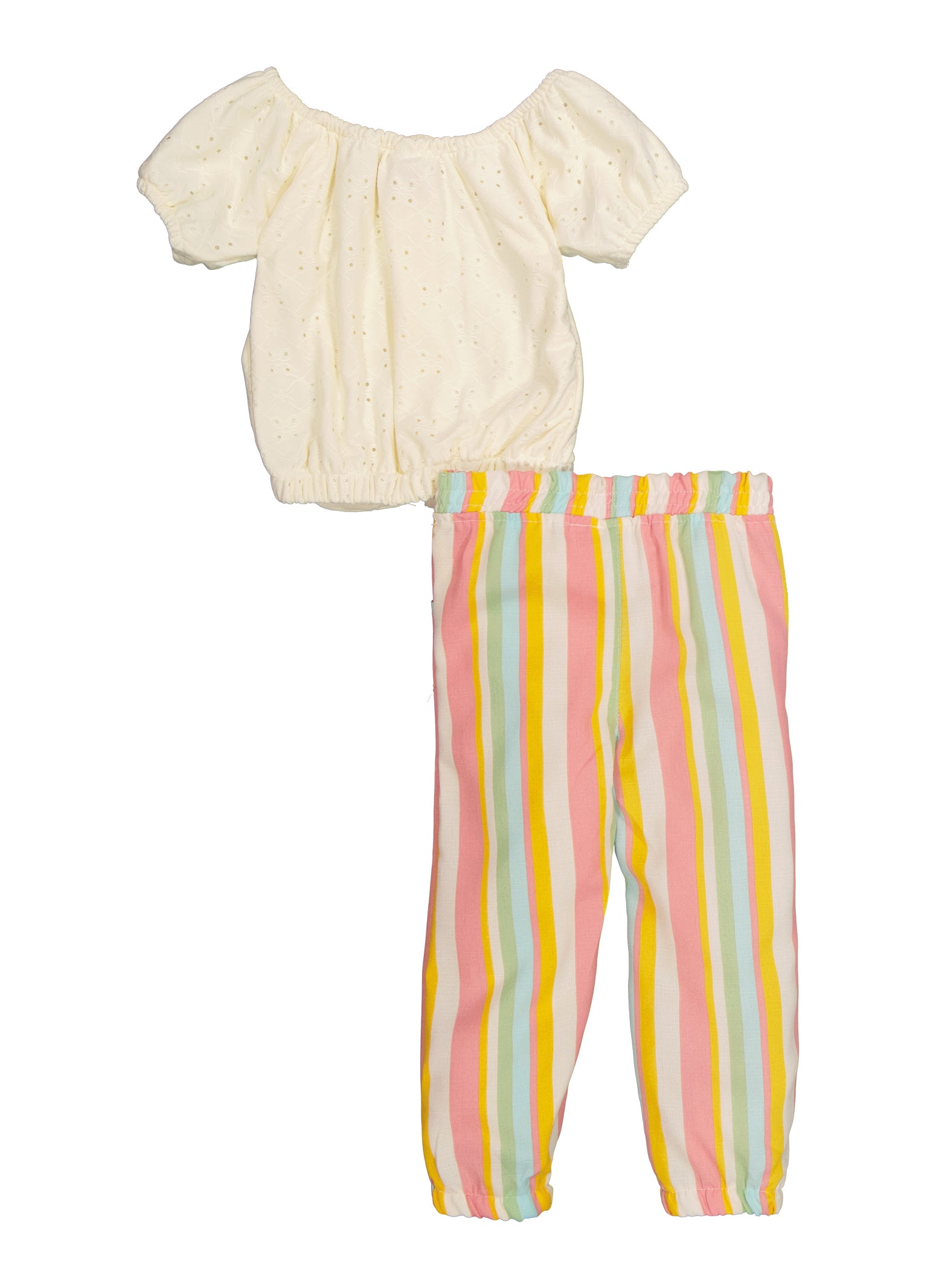 Toddler Girls Eyelet Button Front Top and Striped Pants, Multi,