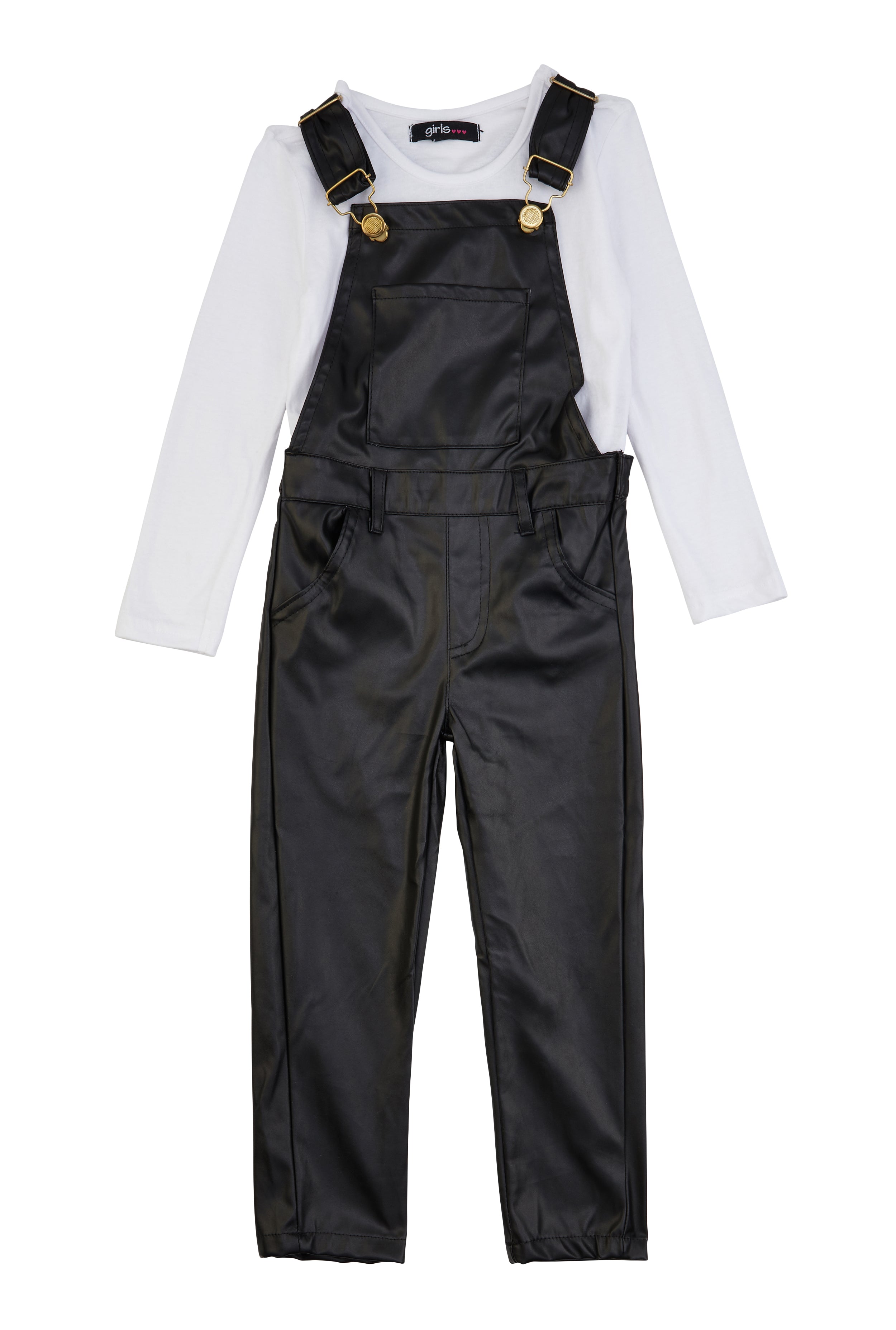 Toddler Girls Faux Leather Overalls with Long Sleeve Tee, Black, Size 4T