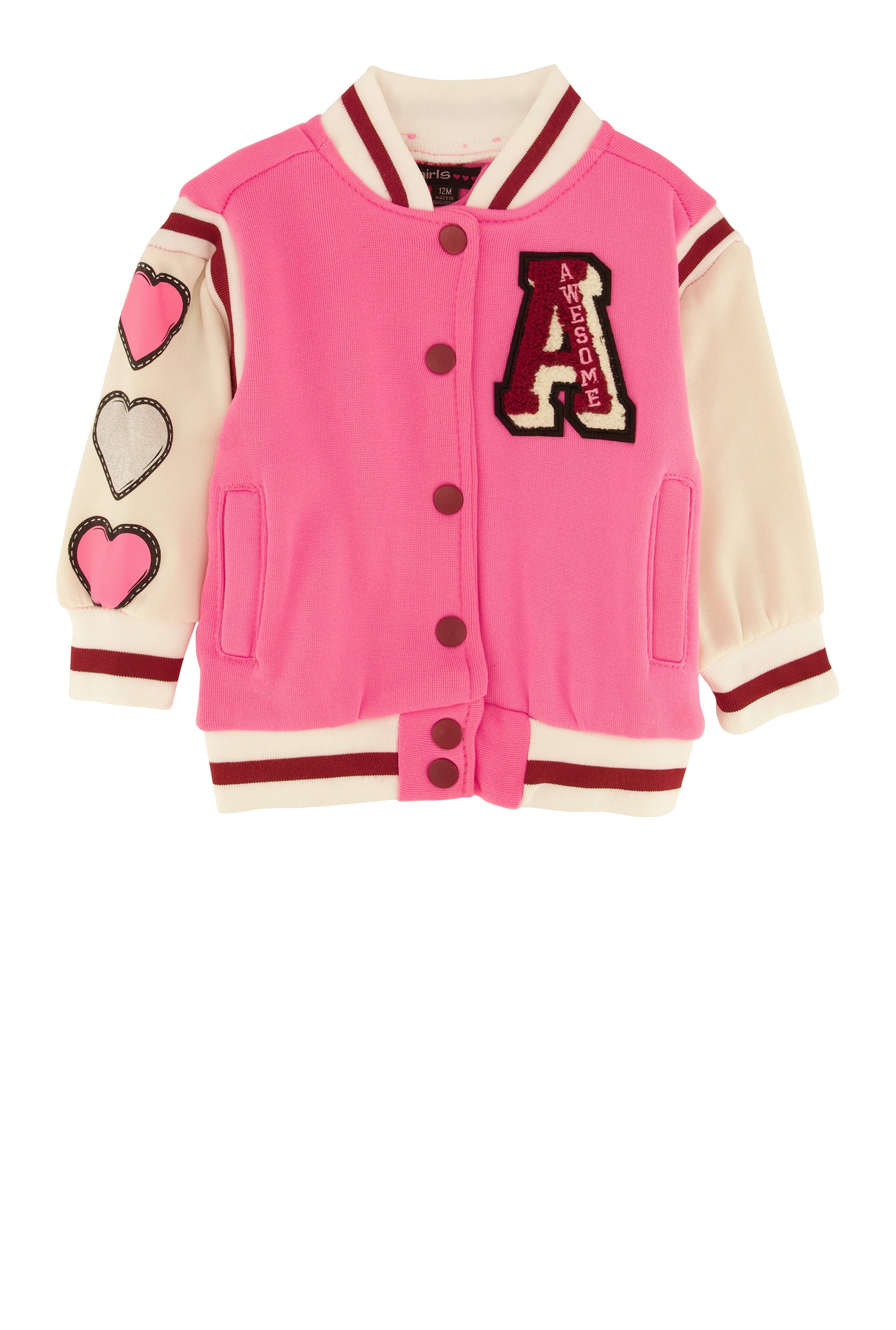 Baby Girls 12-24M Awesome Chenille Graphic Varsity Jacket, Pink, Size 24M