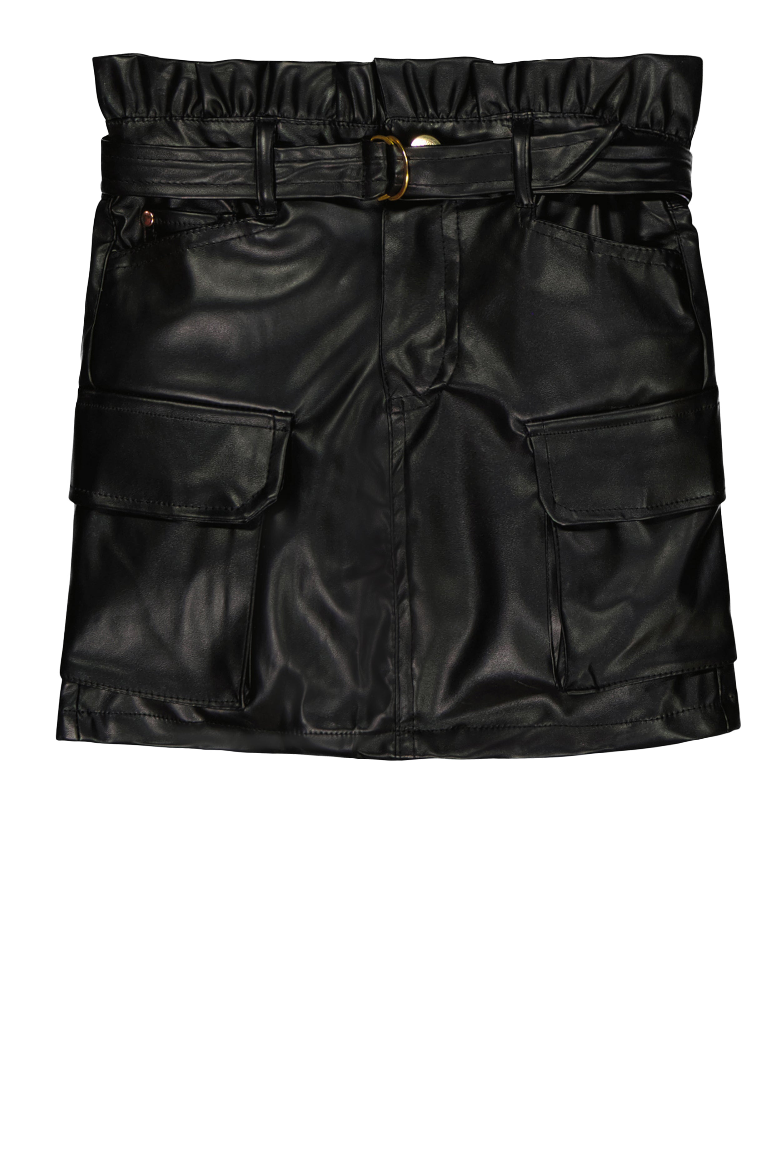 Little Girls Faux Leather Belted Paper Bag Waist Cargo Skirt, Black,