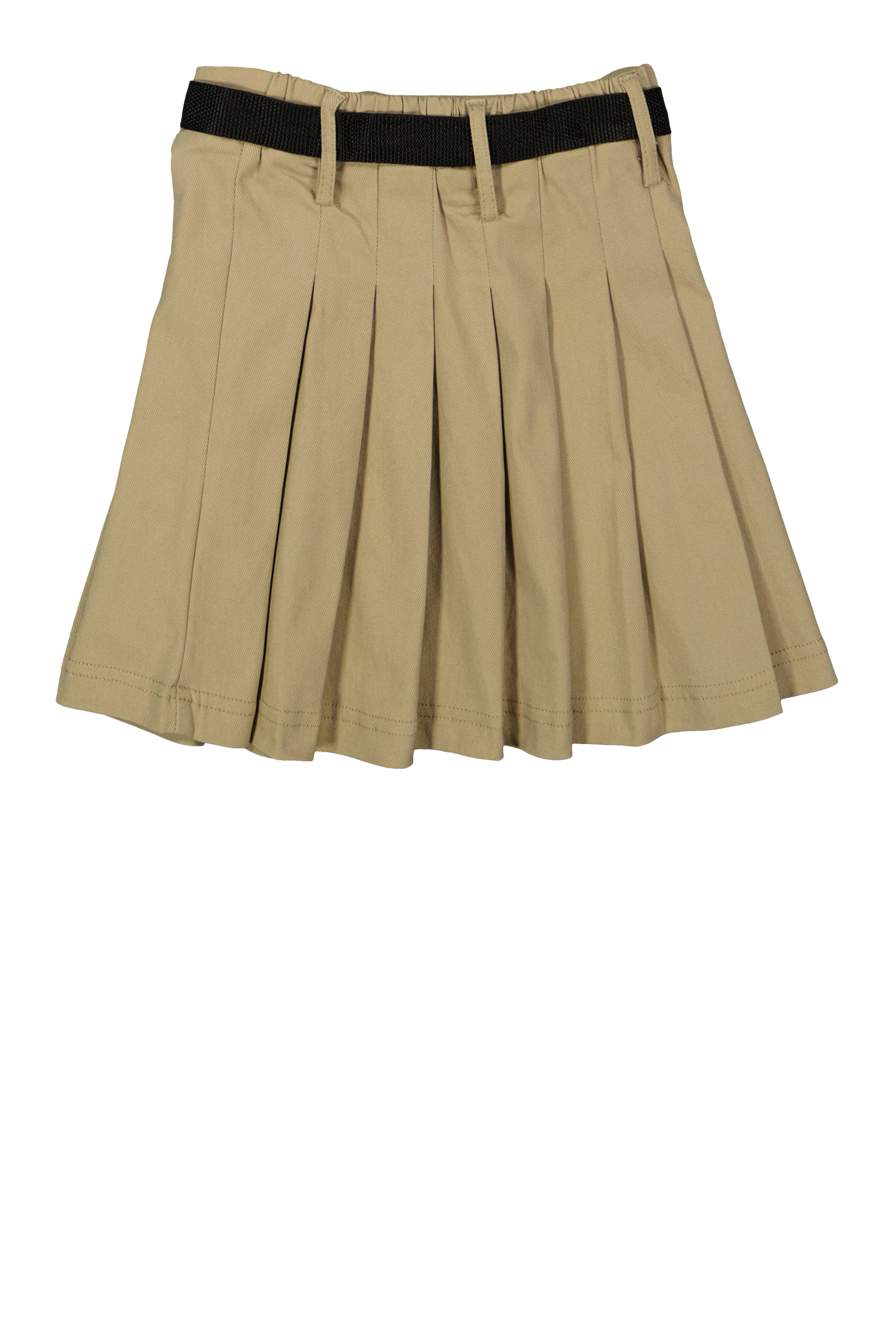 Girls Solid Belted Pouch Detail Pleated Skirt, Khaki, Size 16