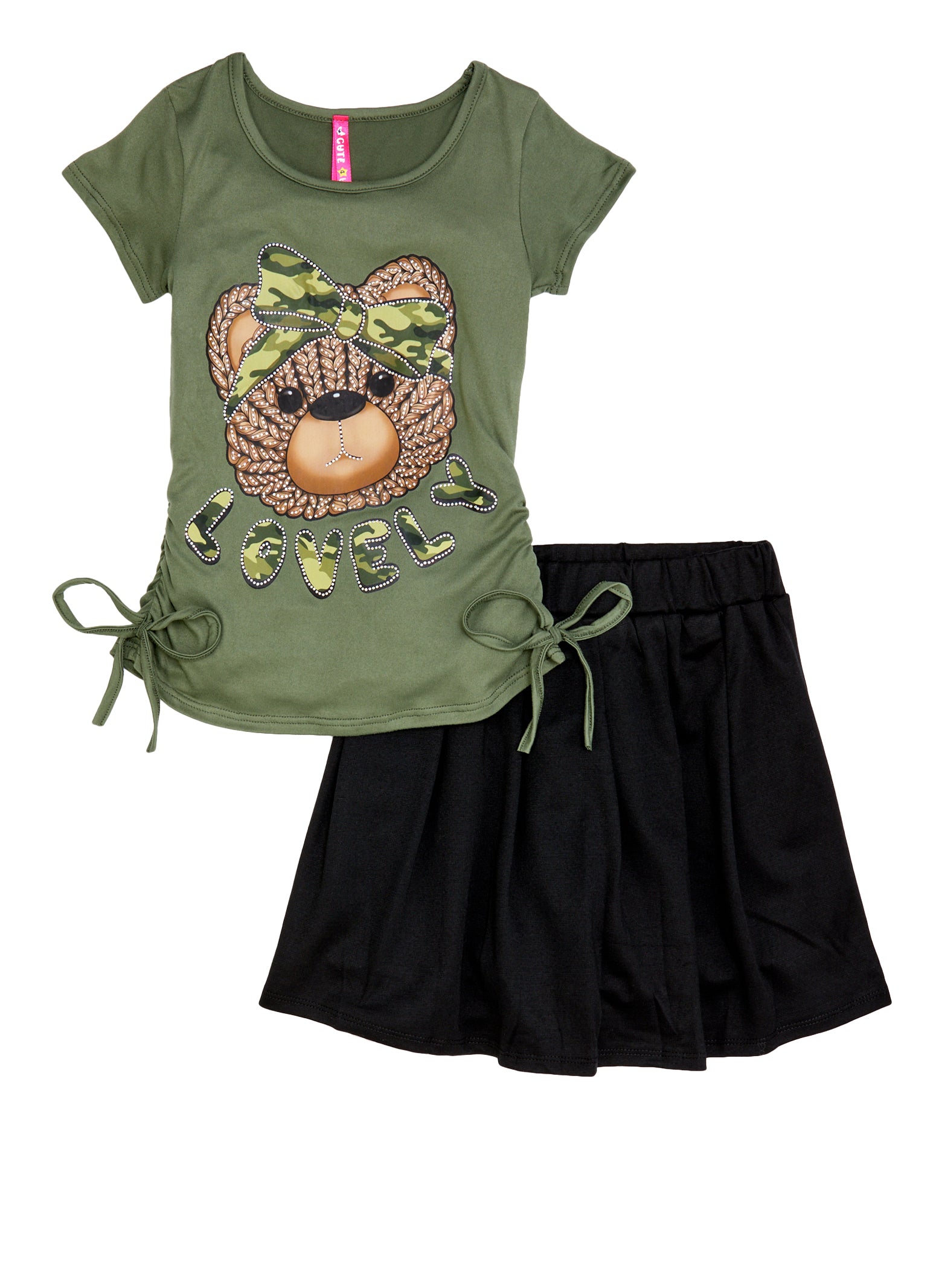 Little Girls Camo Detail Graphic Tee and Pleated Skort, Green, Size 4