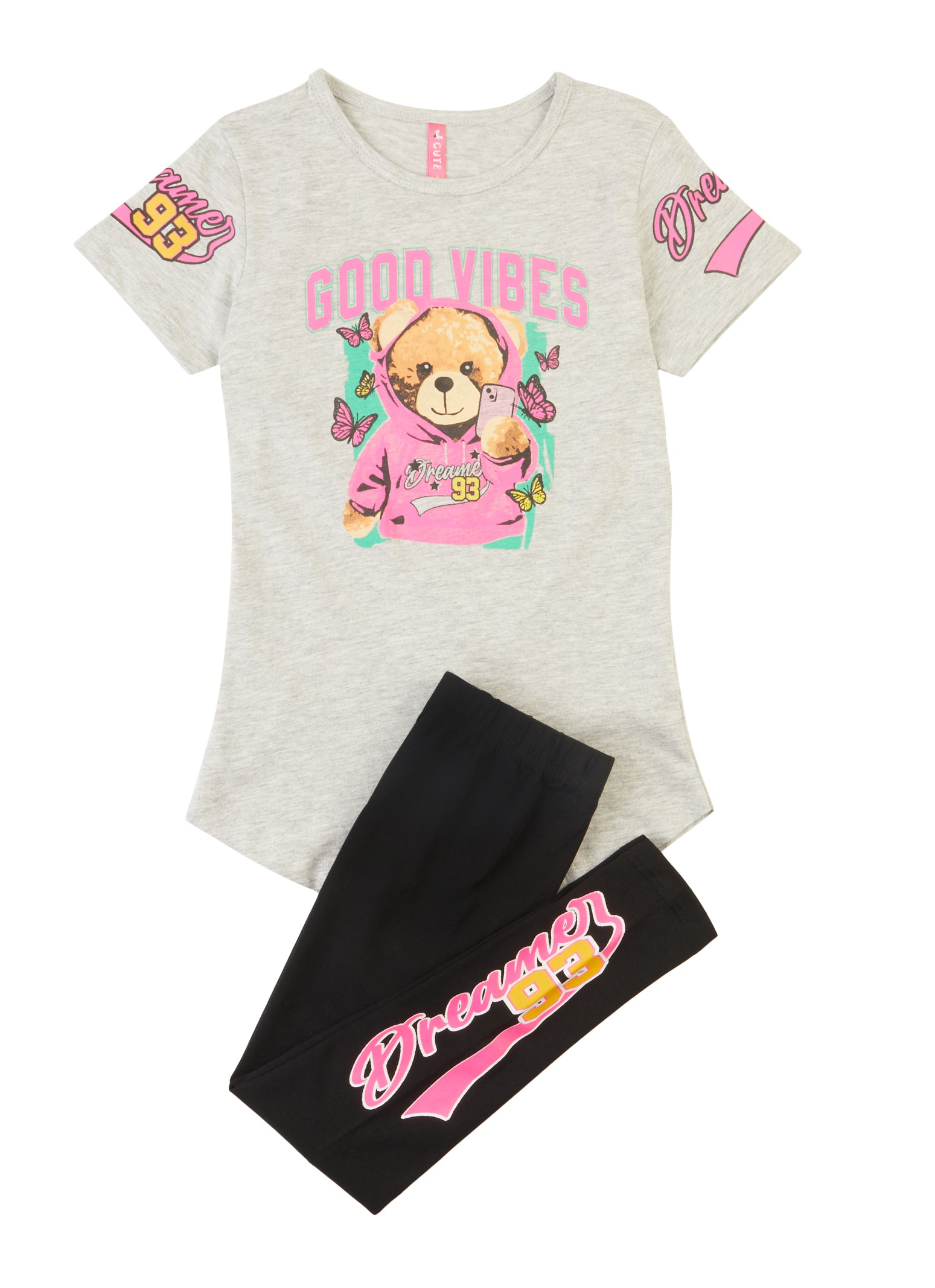 Little Girls Good Vibes Bear Graphic Tee and Leggings, Grey, Size 4