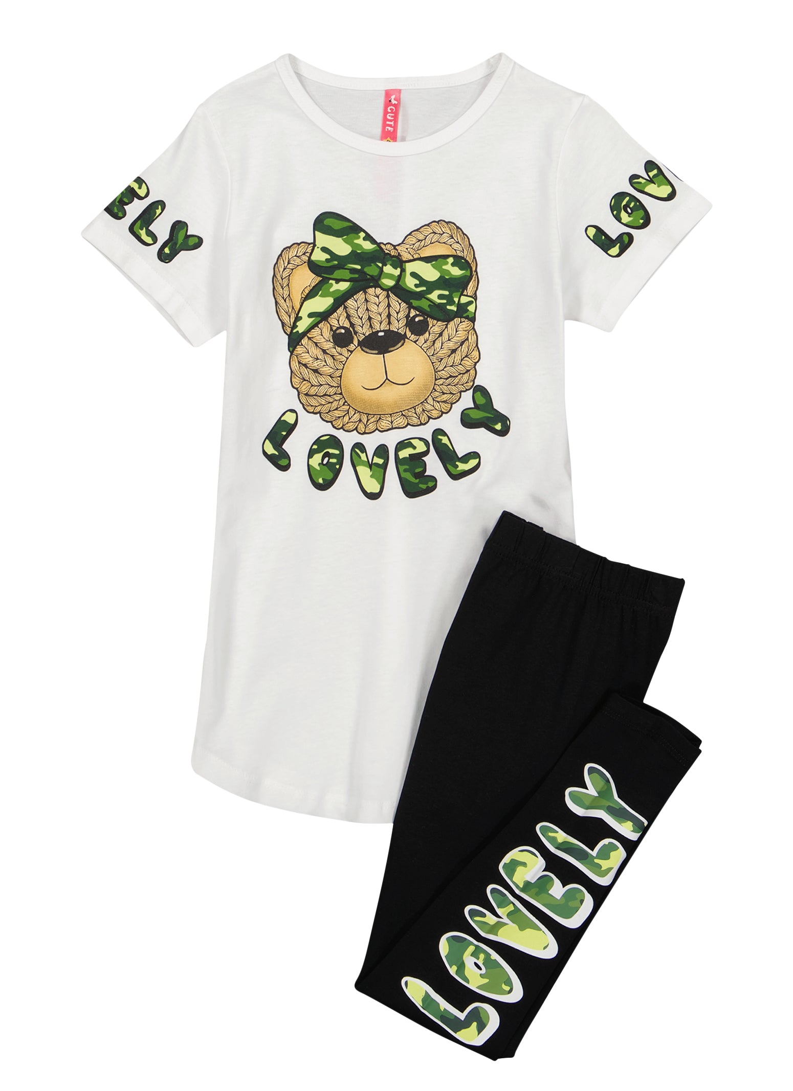 Little Girls Lovely Camo Bear Graphic Tee and Leggings, White, Size 4