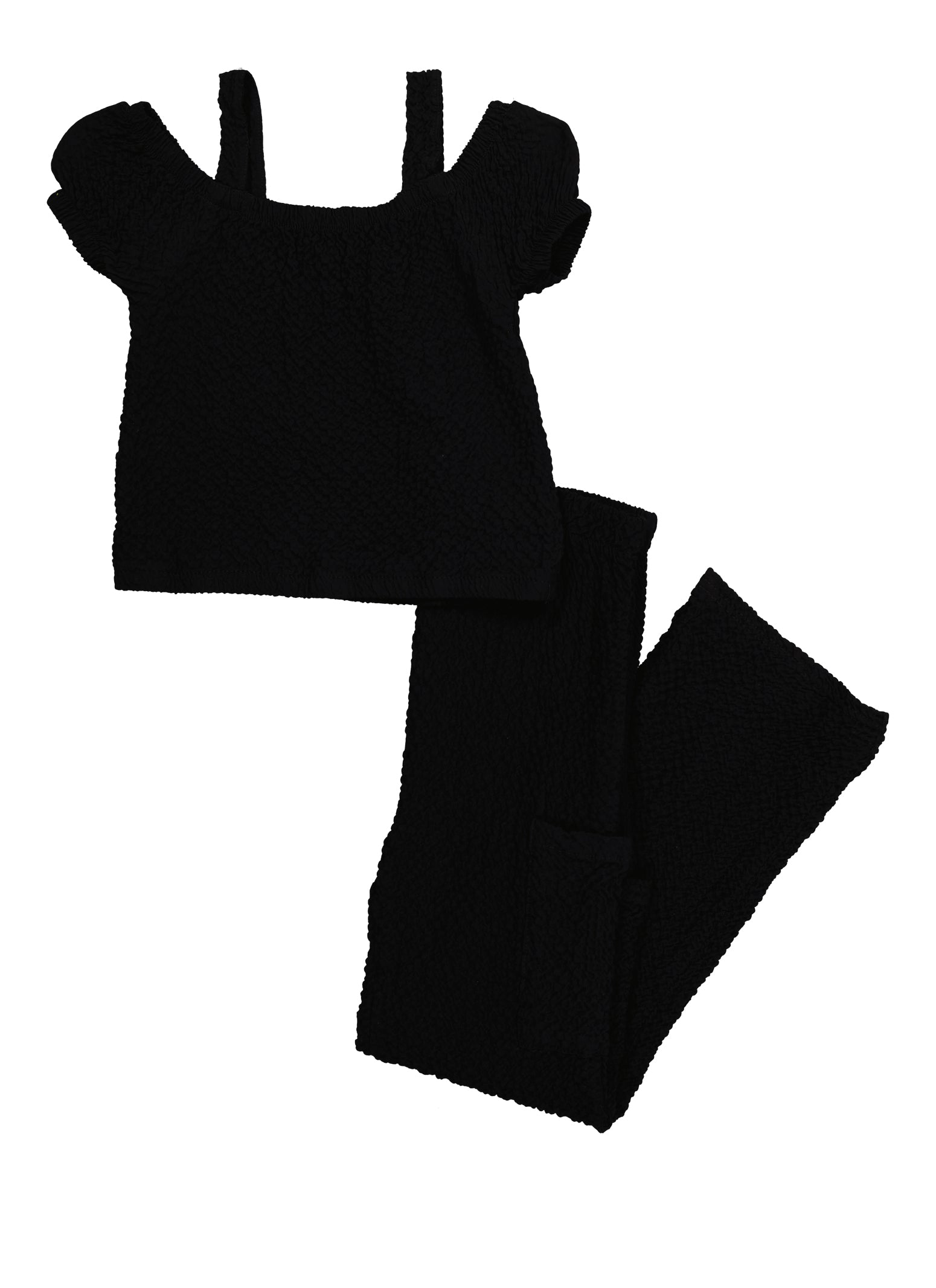 Girls Textured Knit Cold Shoulder Top and Wide Leg Pants, Black, Size 7-8