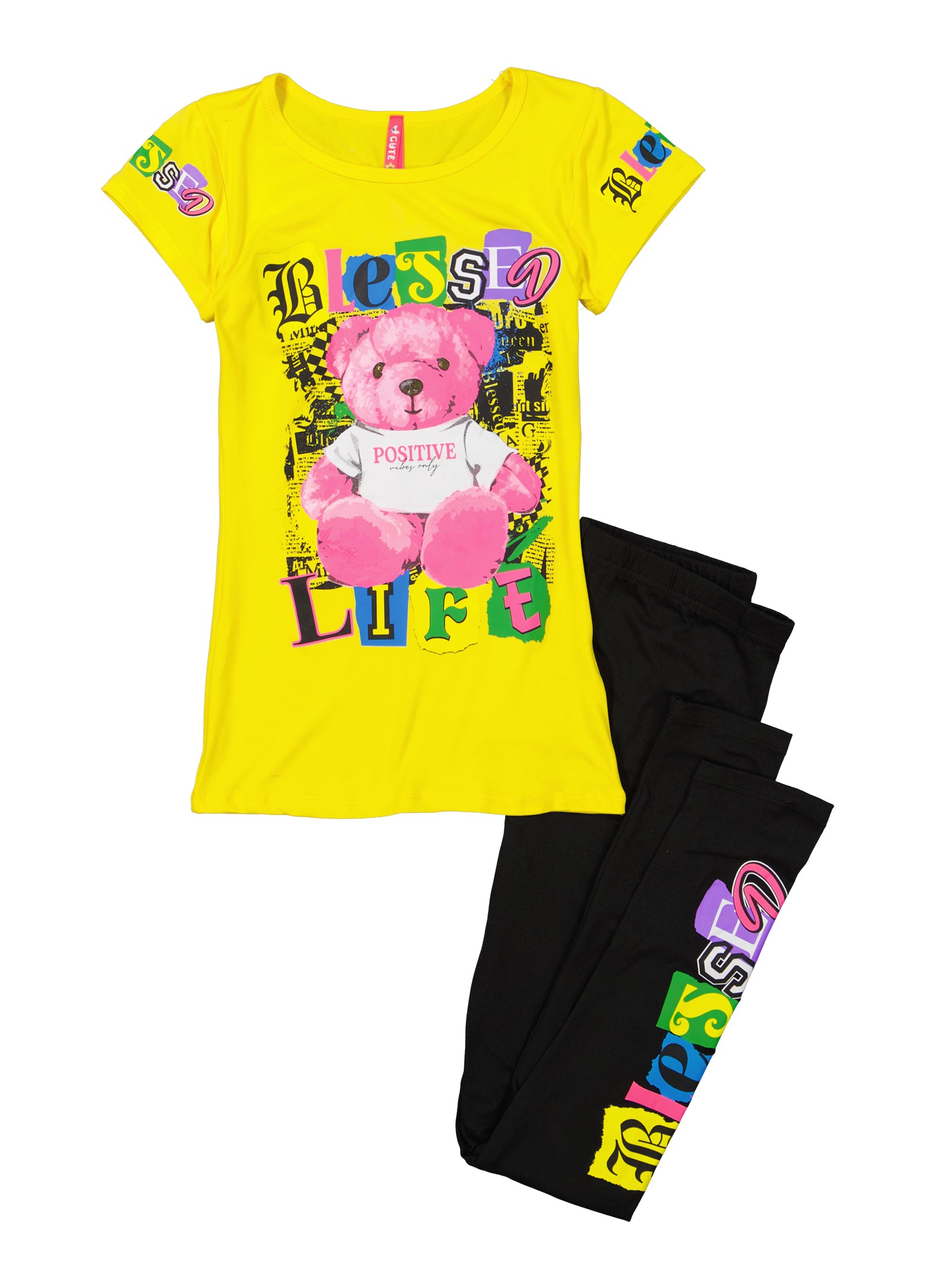 Girls Blessed Life Bear Graphic Tee and Leggings, Yellow, Size 14-16