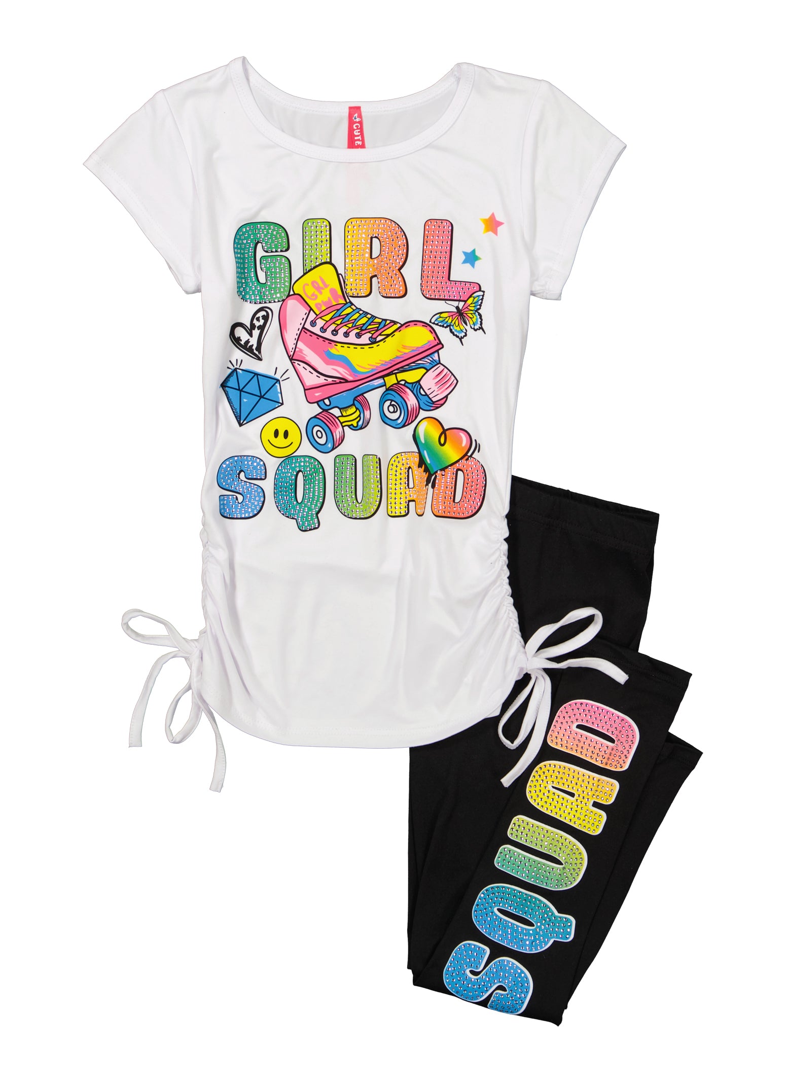 Girls Rhinestone Girls Squad Graphic Tee and Leggings, White, Size 14-16