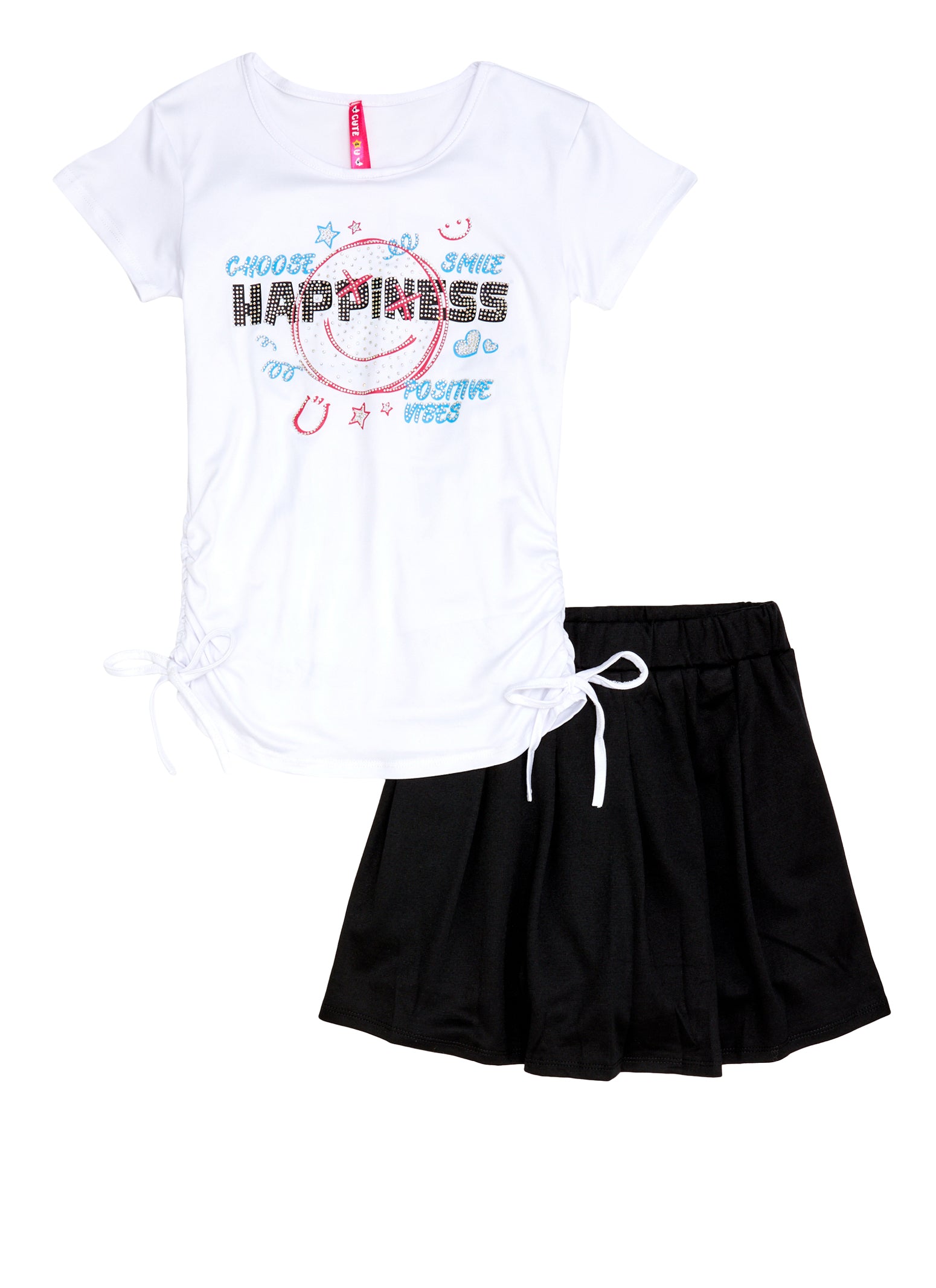 Girls Happiness Graphic Tee and Pleated Skirt, White, Size 10-12