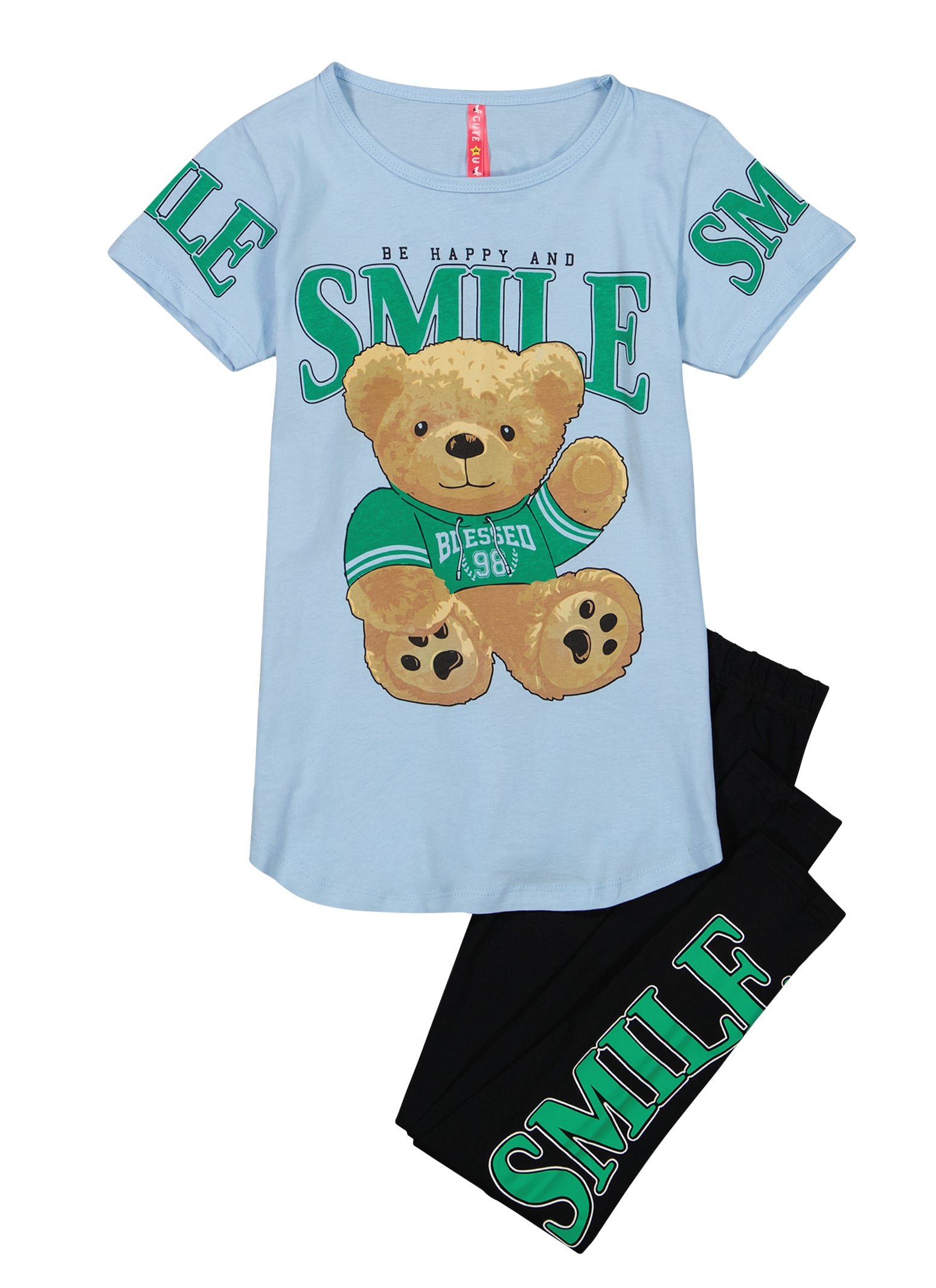 Girls Be Happy and Smile Bear Graphic Tee Leggings, 7-8