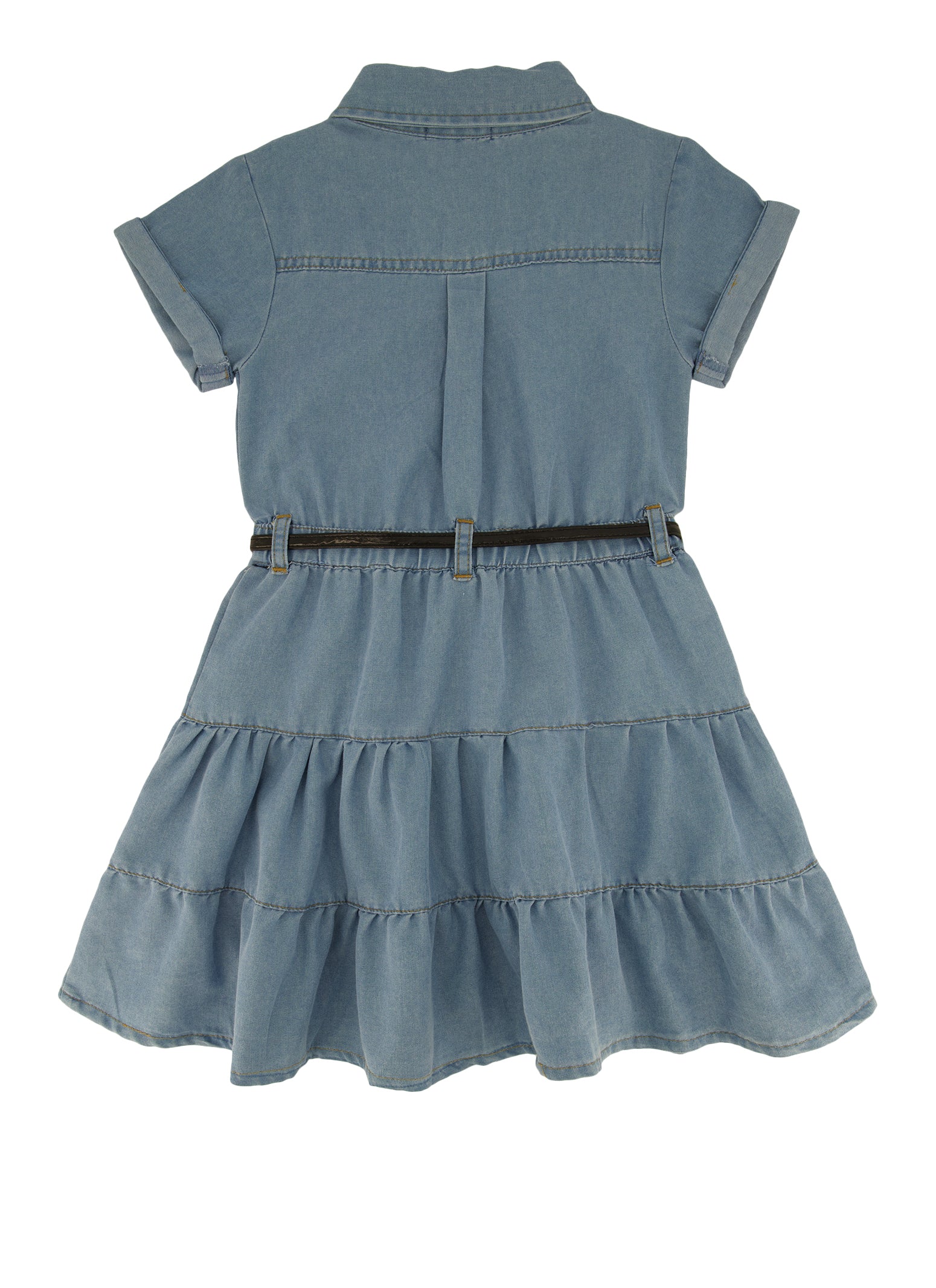 Little Girls Denim Tiered Button Front Shirt Dress with Purse, Blue,