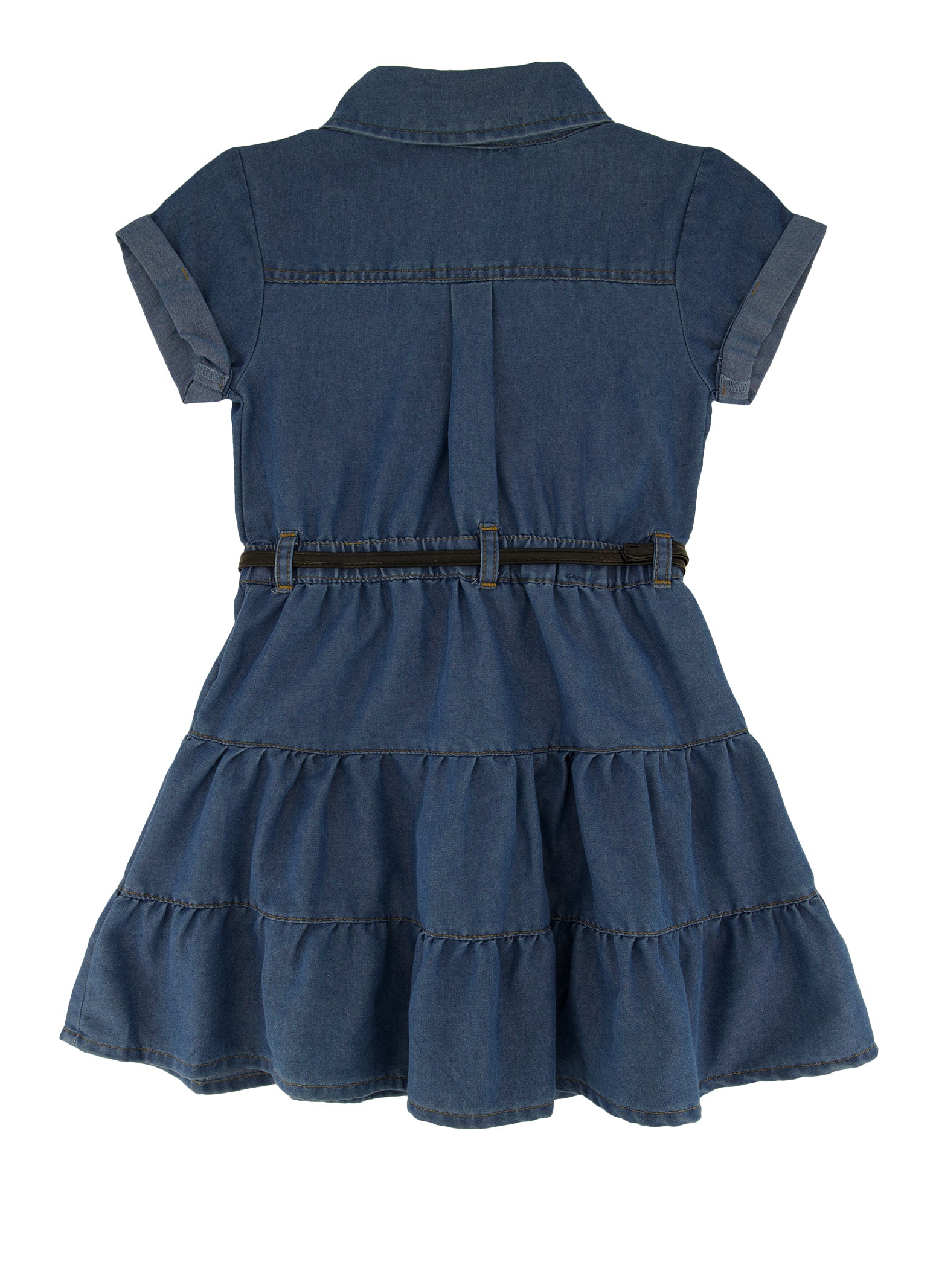 Little Girls Denim Tiered Button Front Shirt Dress with Purse, Blue,