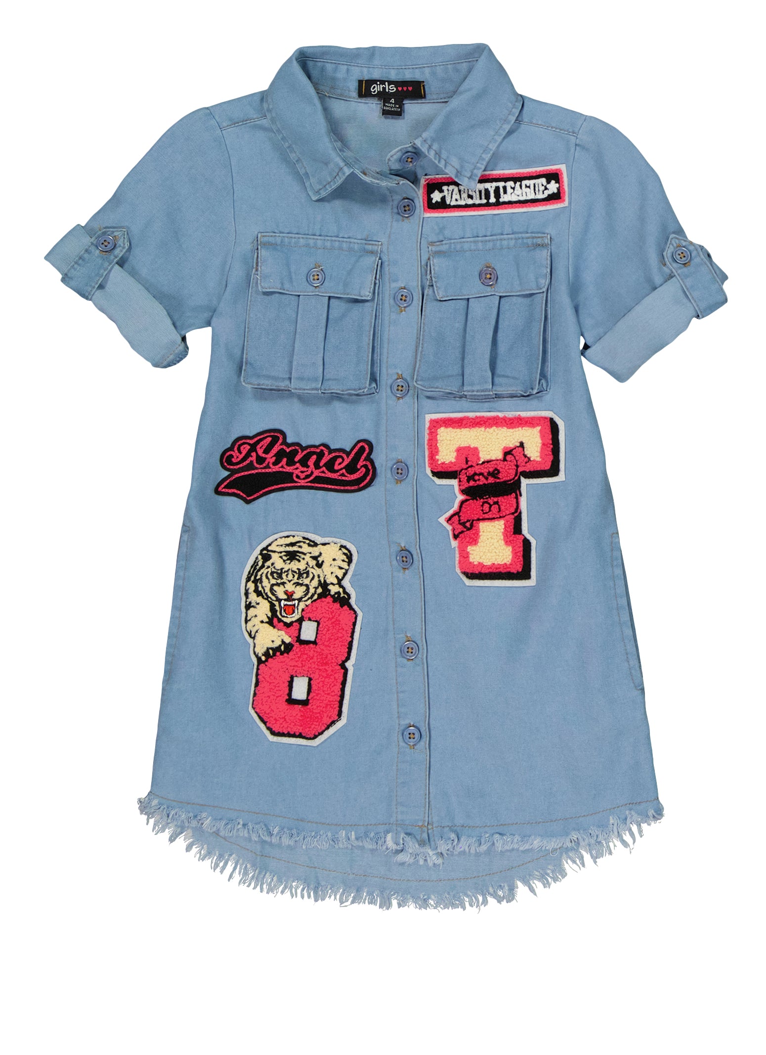 Little Girls Chenille Patch Graphic Button Front Shirt Dress, Blue,