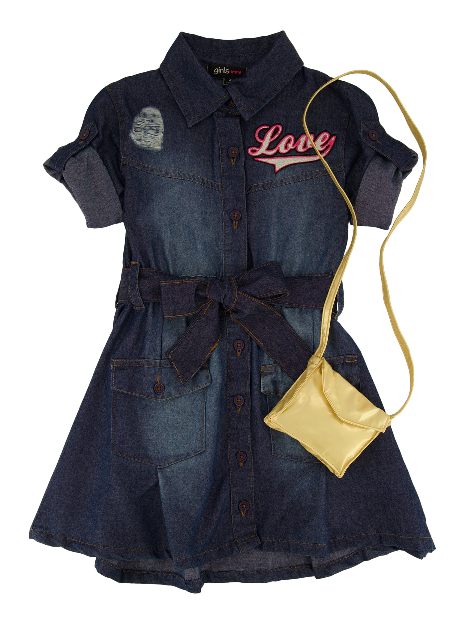 Little Girls Love Embroidered Denim Shirt Dress with Purse, Blue,