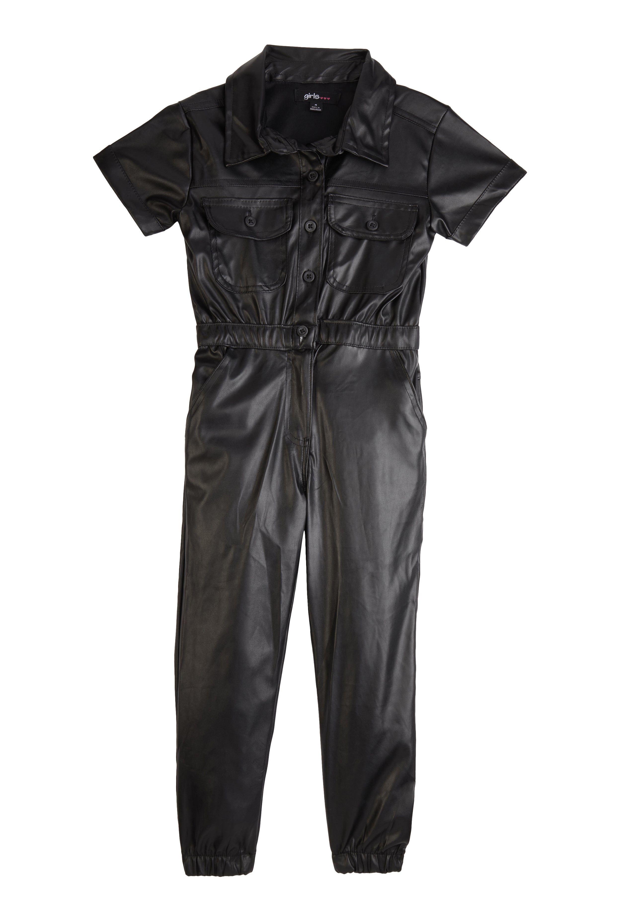 Little Girls Faux Leather Button Front Jumpsuit, Black, Size 4