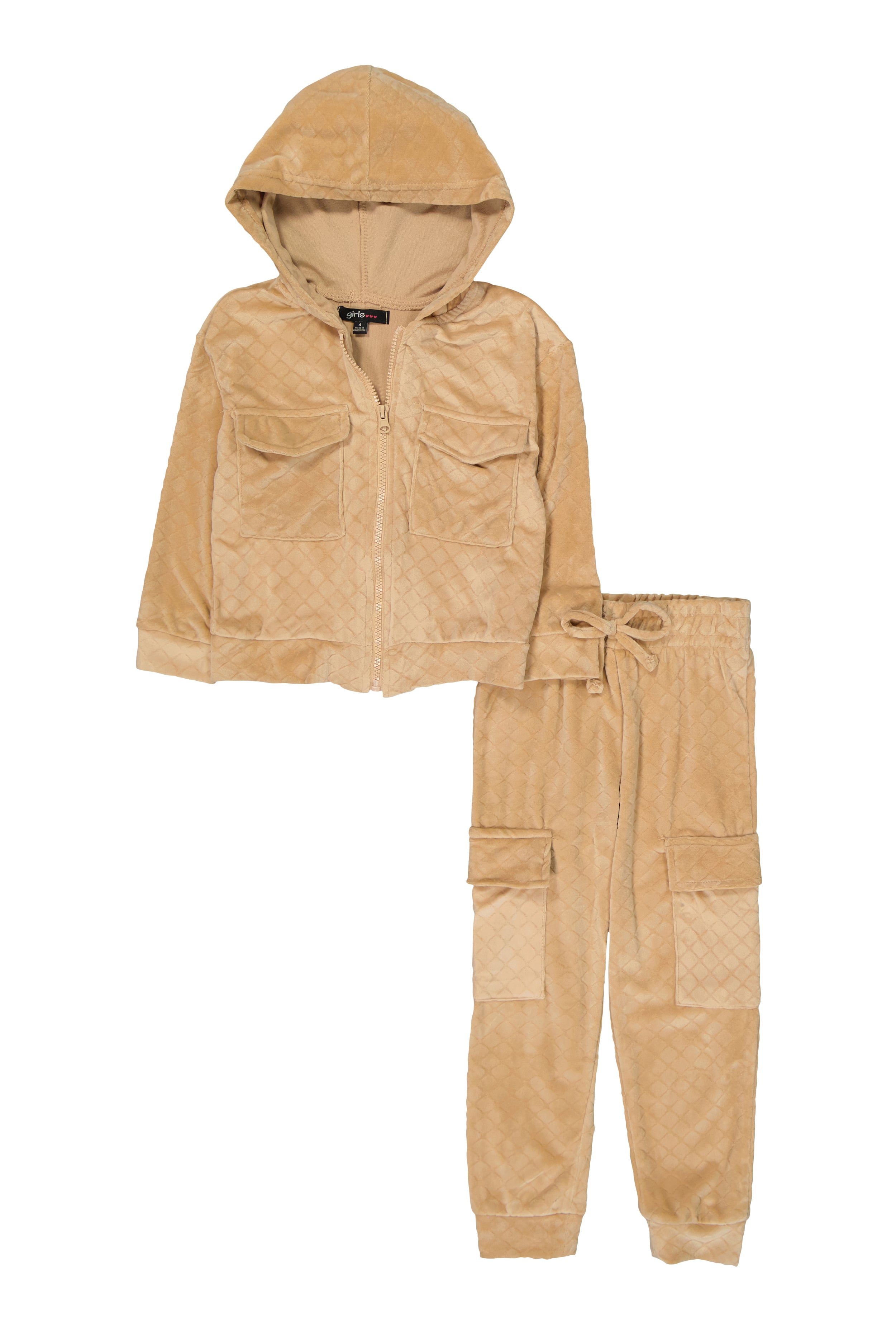 Little Girls Quilted Velour Zip Front Hoodie and Cargo Pocket Joggers,