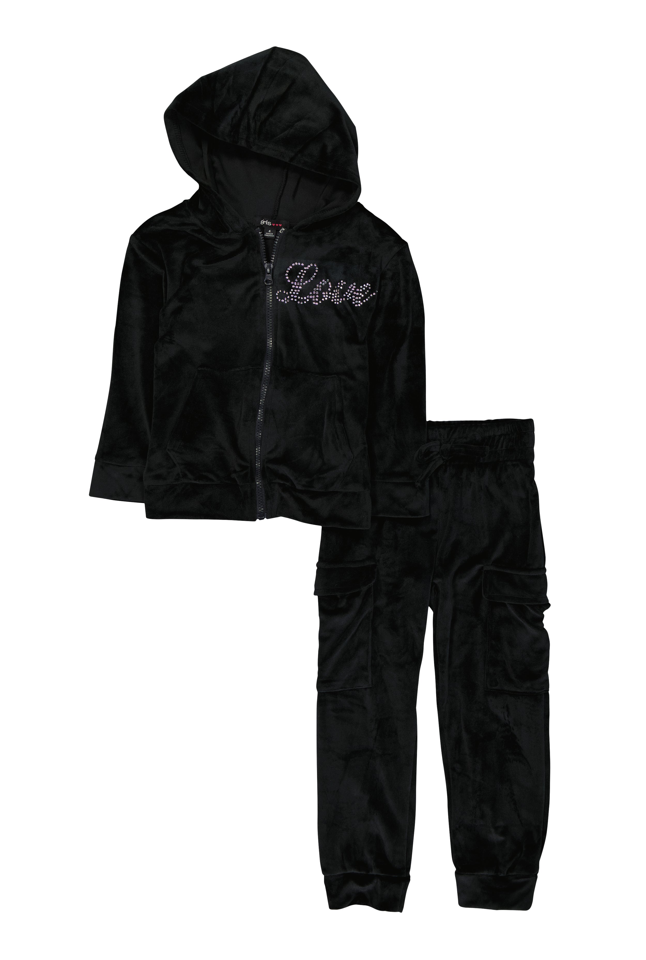 Little Girls Love Rhinestone Hoodie and Cargo Pocket Joggers, Black, Size 5-6