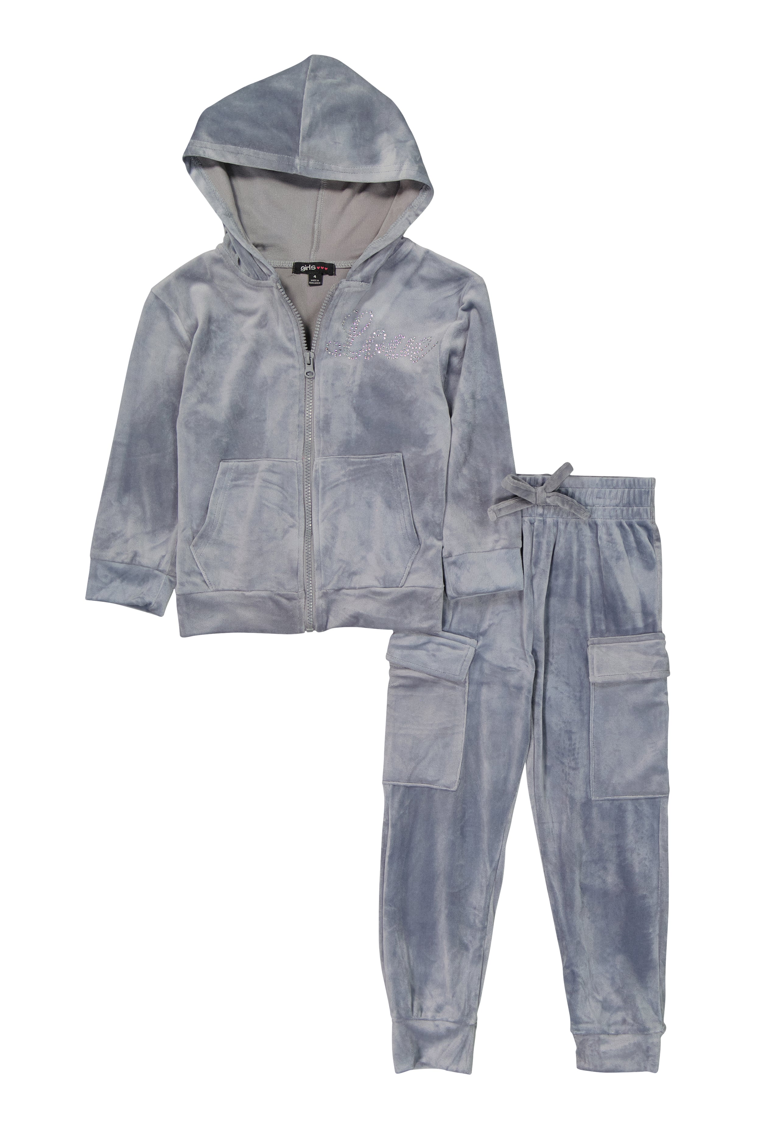 Little Girls Love Rhinestone Hoodie and Cargo Pocket Joggers, Grey, Size 6X