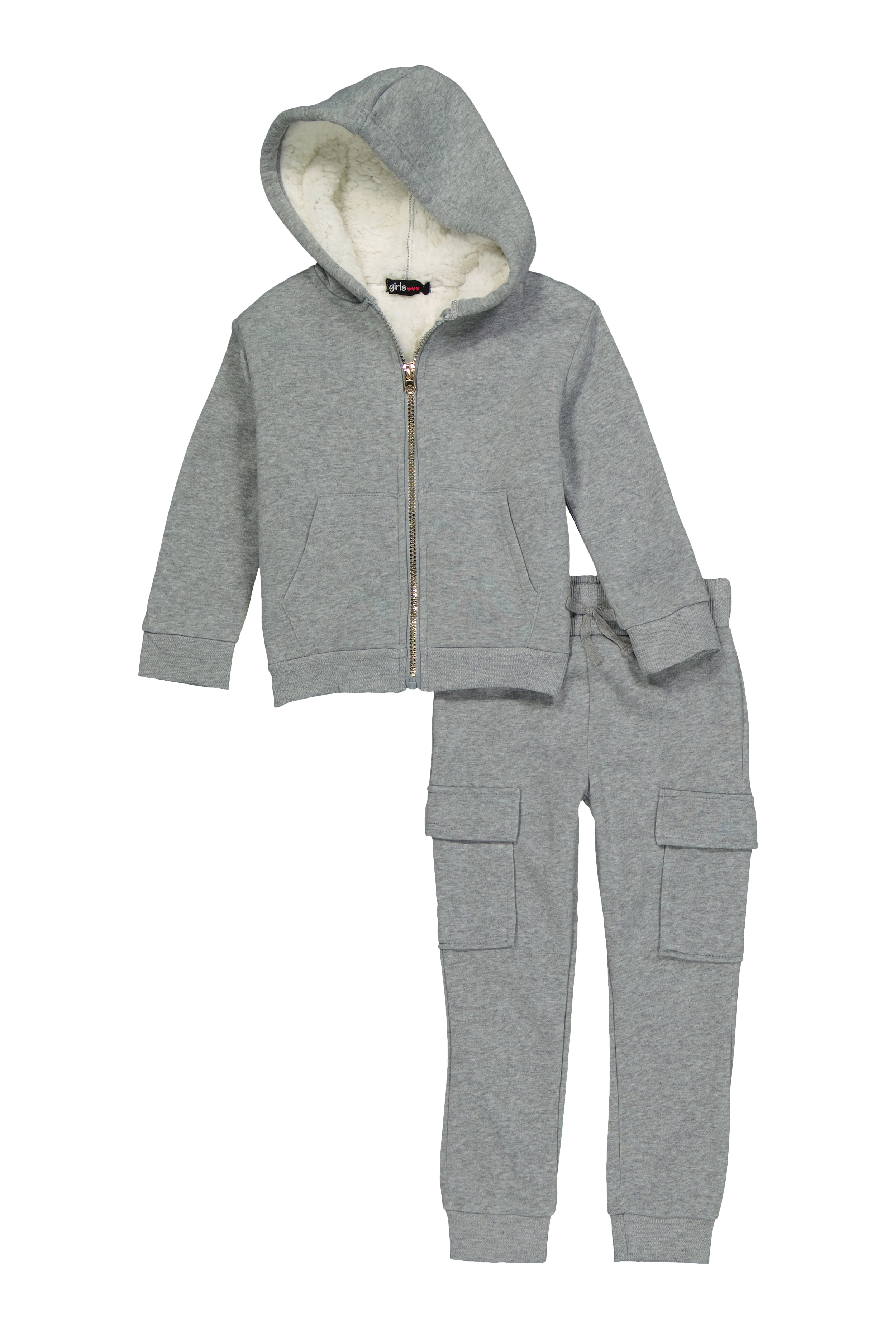 Little Girls Sherpa Lined Zip Front Hoodie and Cargo Joggers,