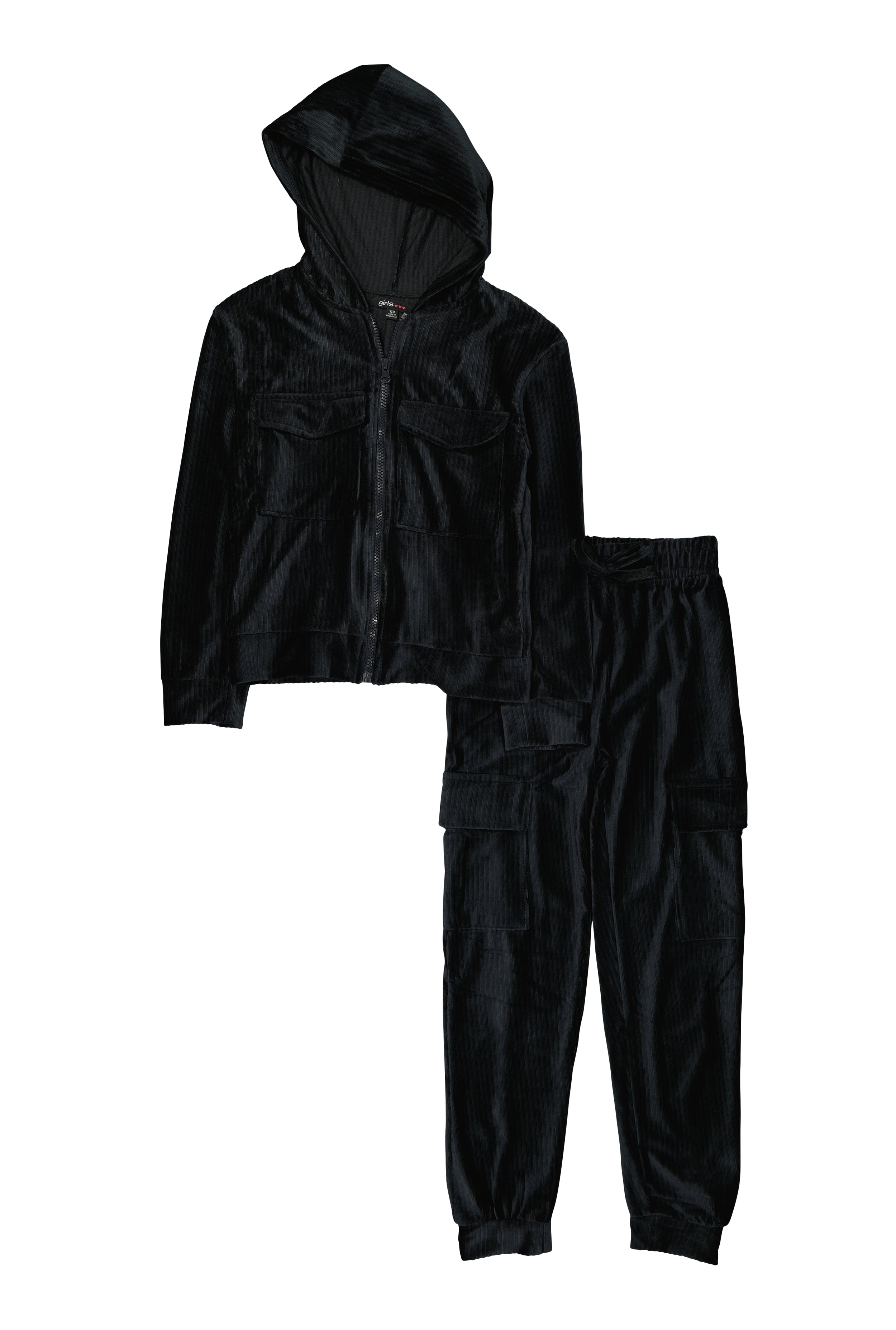 Girls Ribbed Velour Zip Front Hoodie and Joggers, Black, Size 7-8