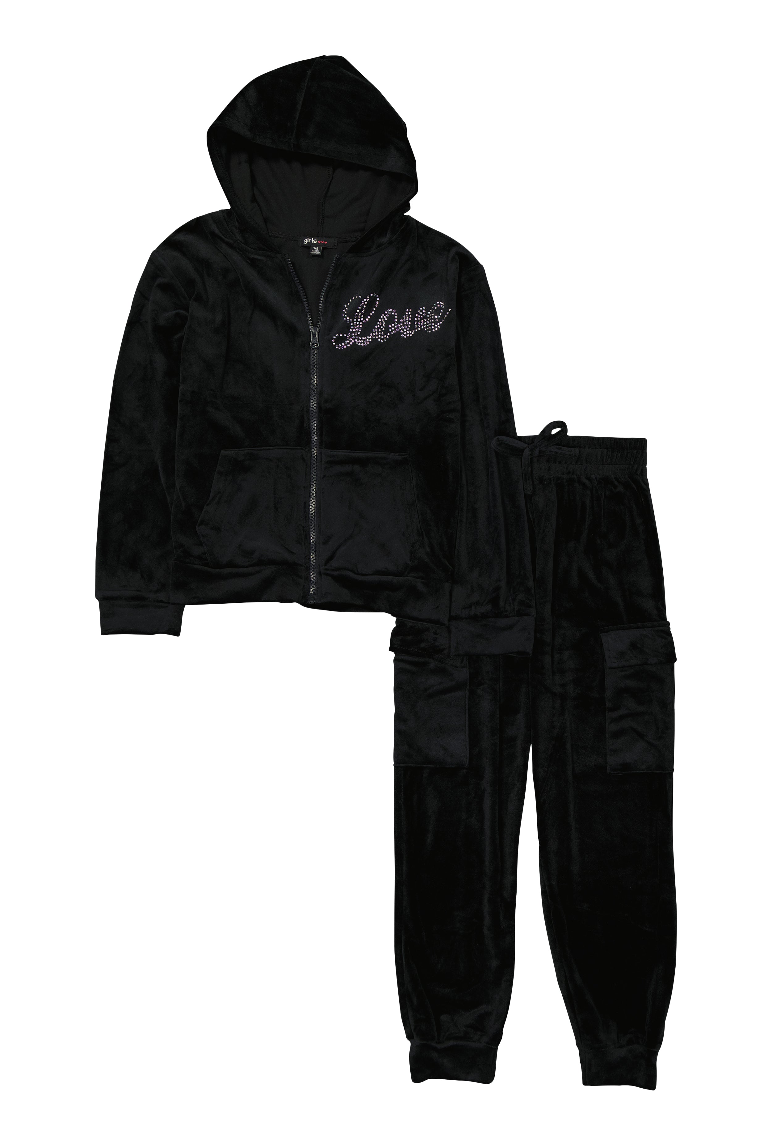 Girls Love Rhinestone Velour Zip Front Hoodie and Joggers, Black, Size 7-8