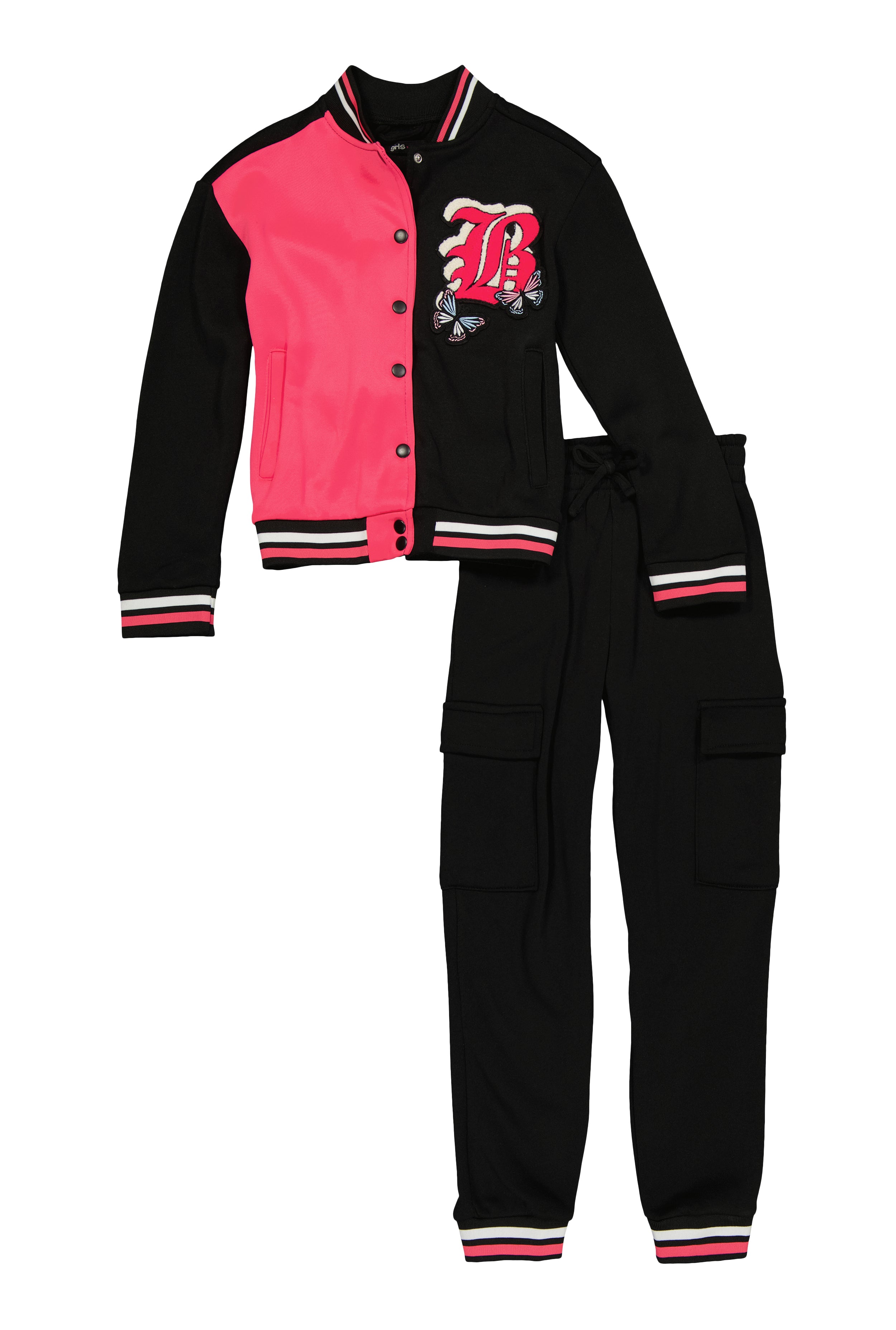 Girls B Initial Chenille Patch Varsity Jacket and Cargo Joggers, Black, Size 10-12