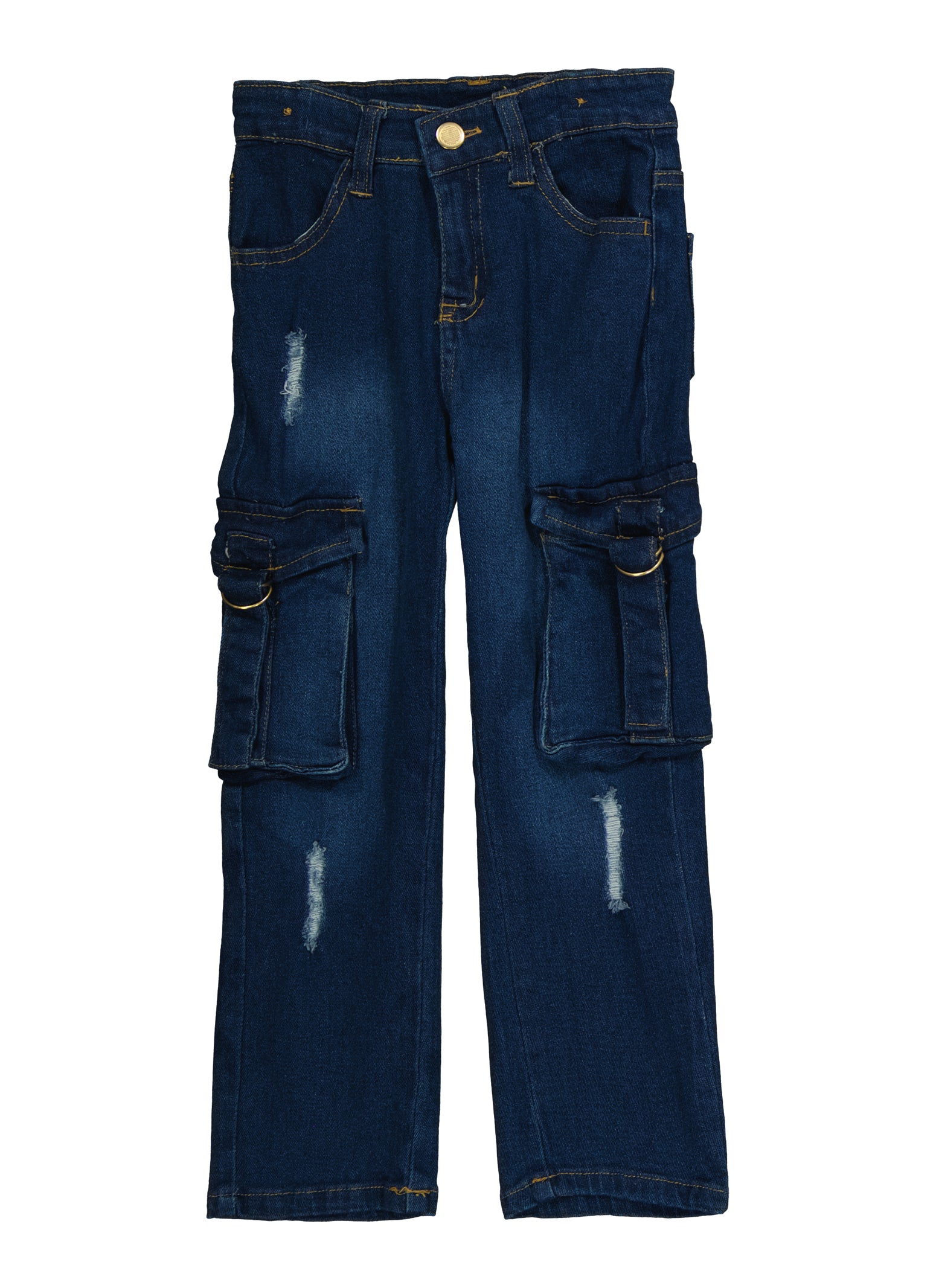 Little Girls Distressed Wide Leg Cargo Jeans, Blue, Size 4