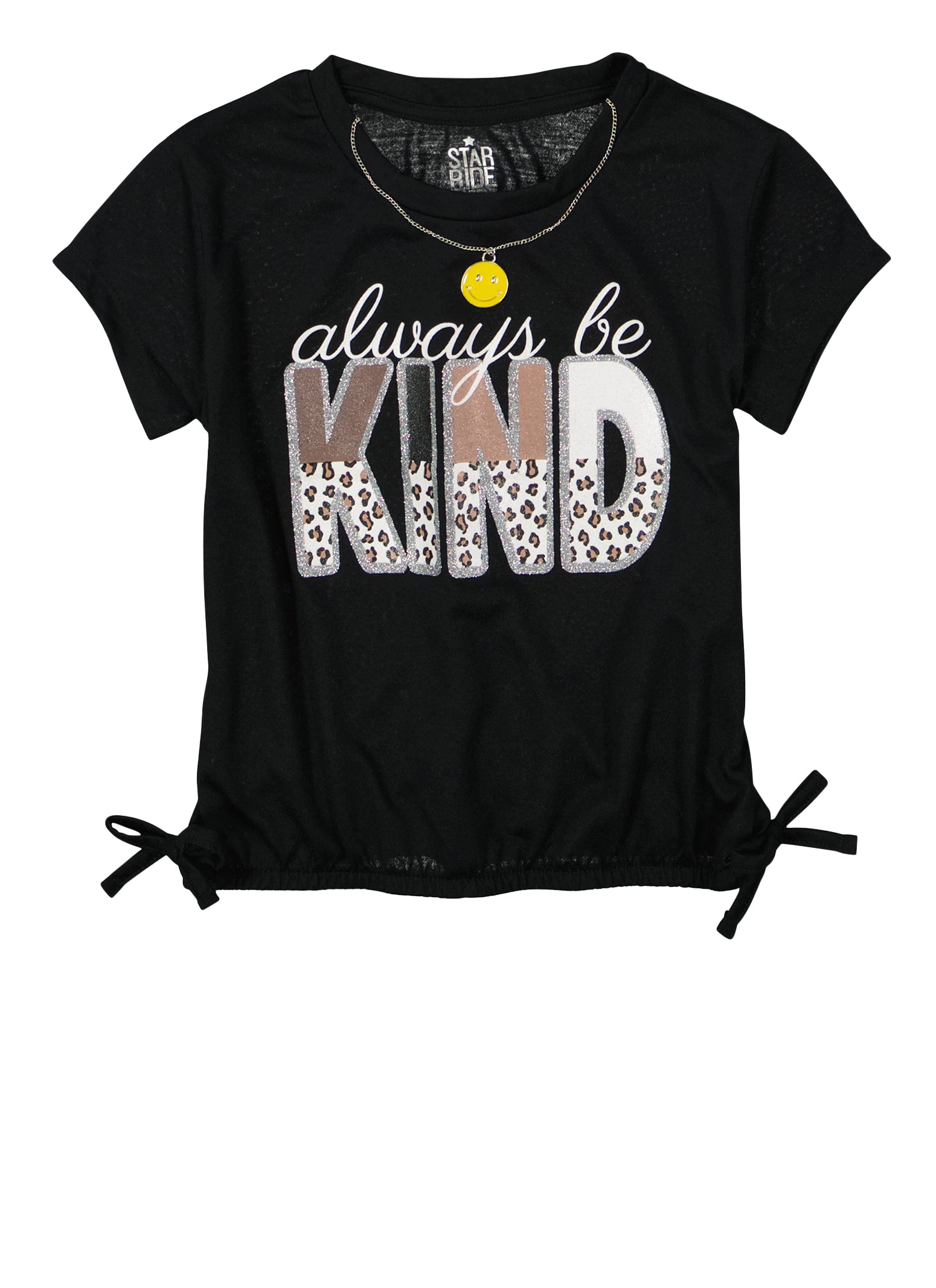 Girls Always Be Kind Graphic Tee with Necklace, Black, Size 14-16