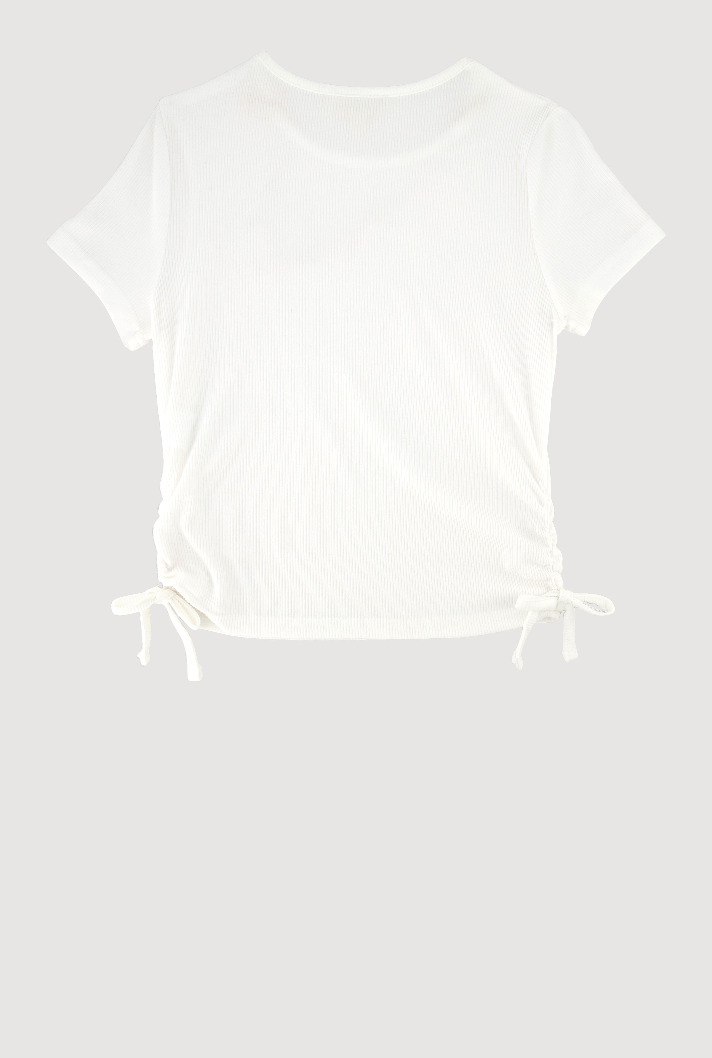 Girls Ribbed Knit Side Ruched T-Shirt with Charm Necklace, White, Size 7-8