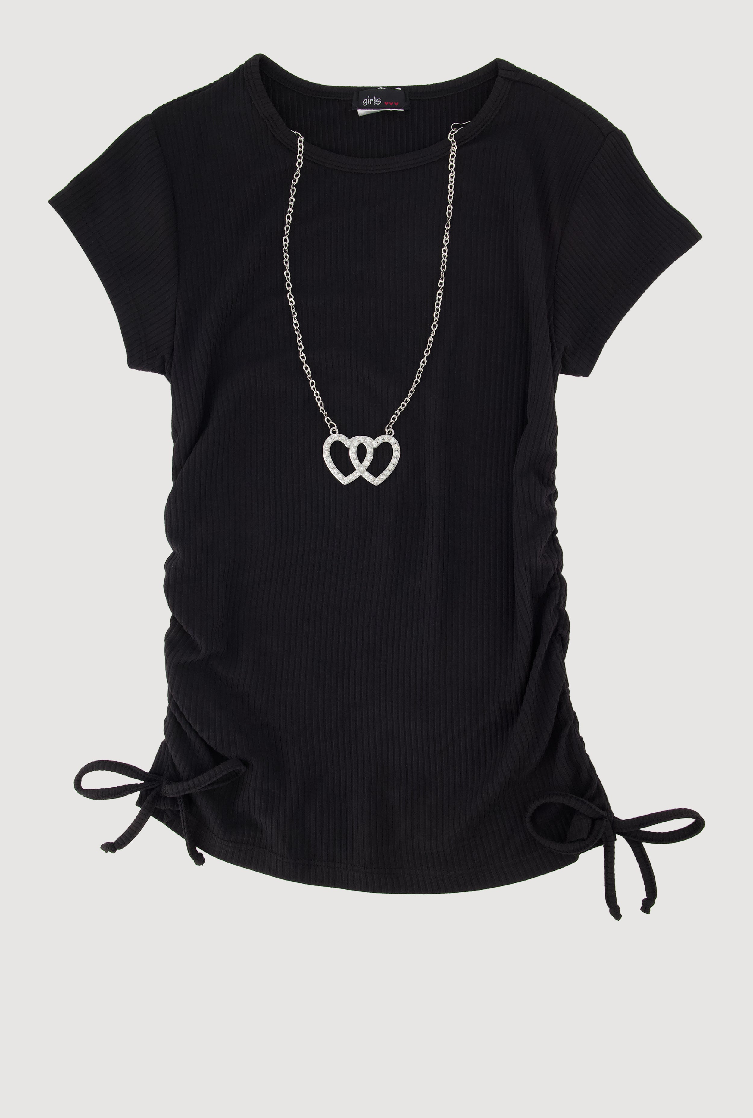 Girls Ribbed Knit Tee with Double Heart Rhinestone Necklace,