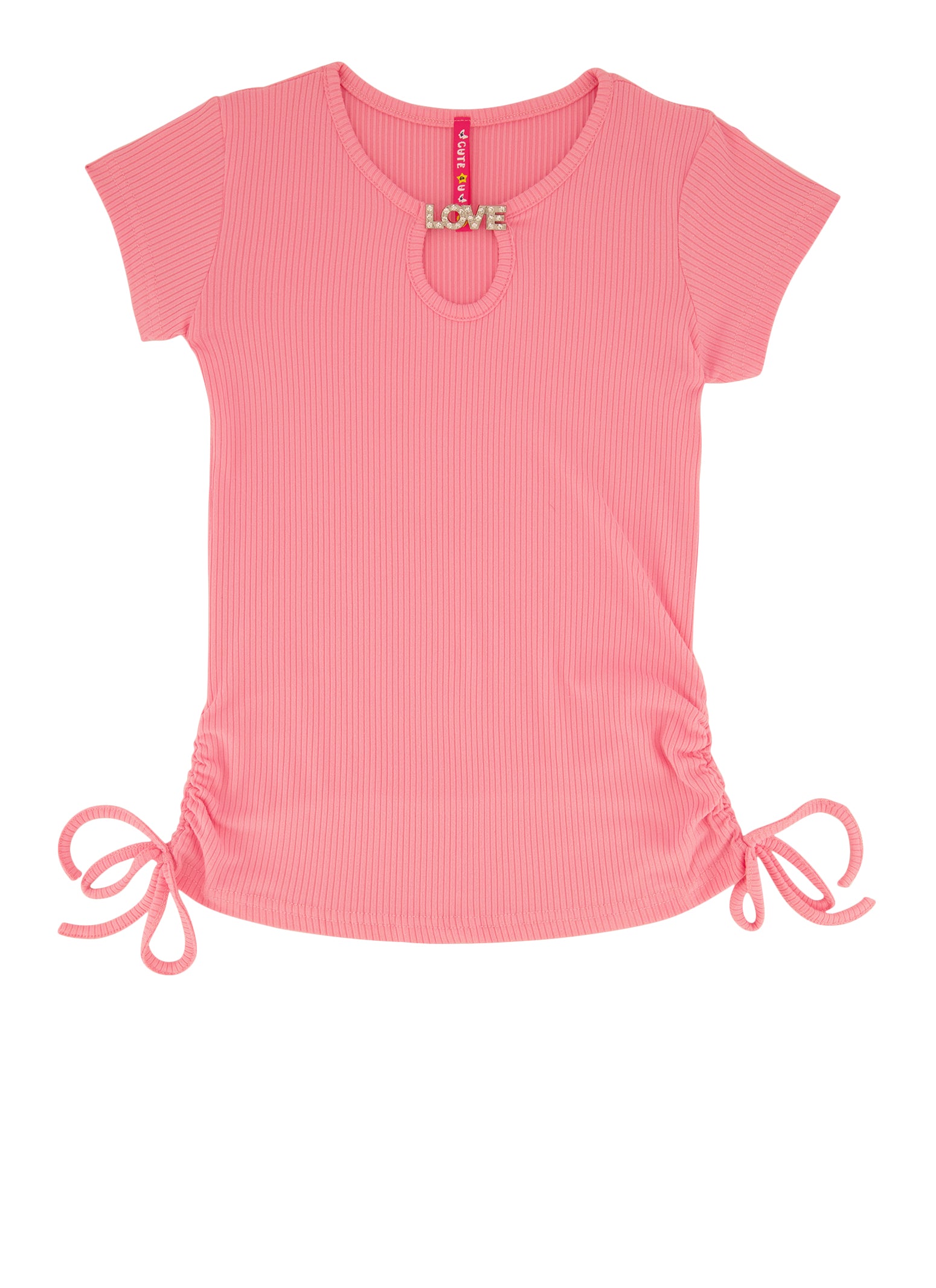 Girls Ribbed Love Ruched Tee, Pink, Size 7-8